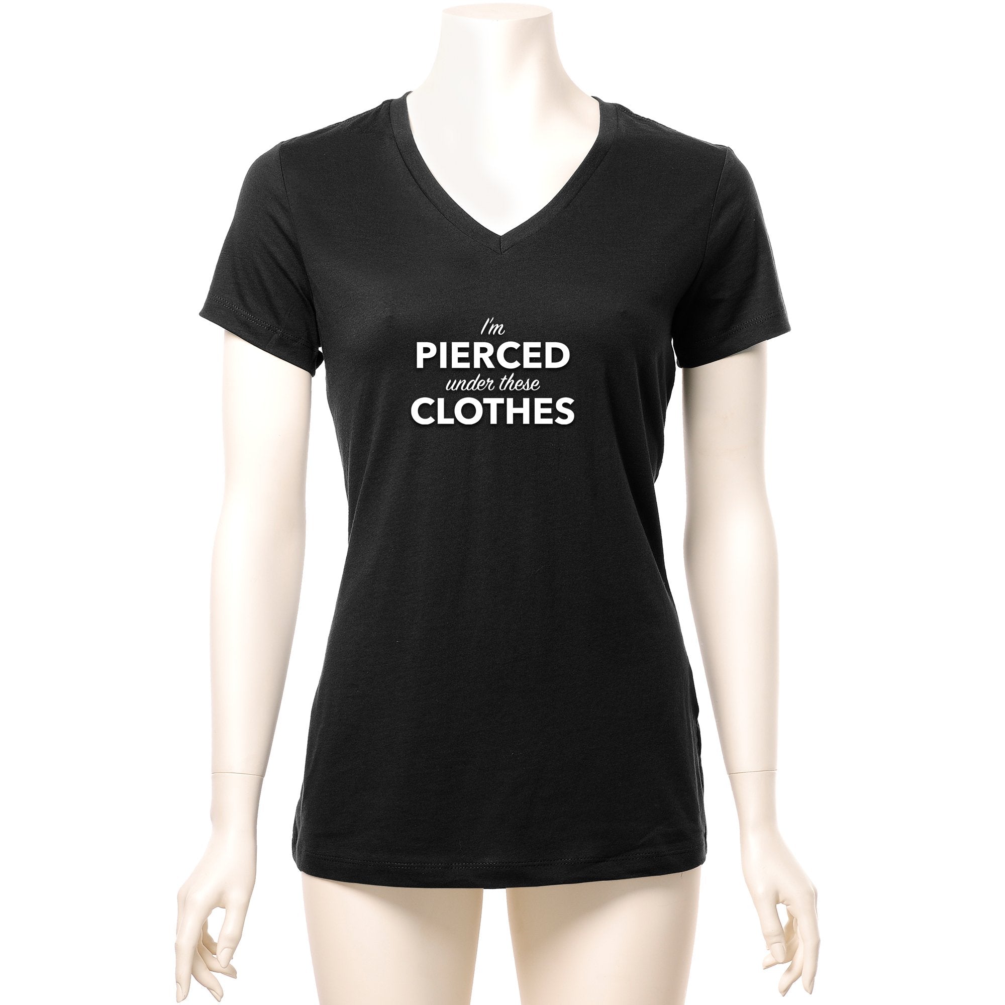 BodyCandy I'm Pierced Under These Clothes Black Tapered V-Neck Tee Shirt — branding close-up