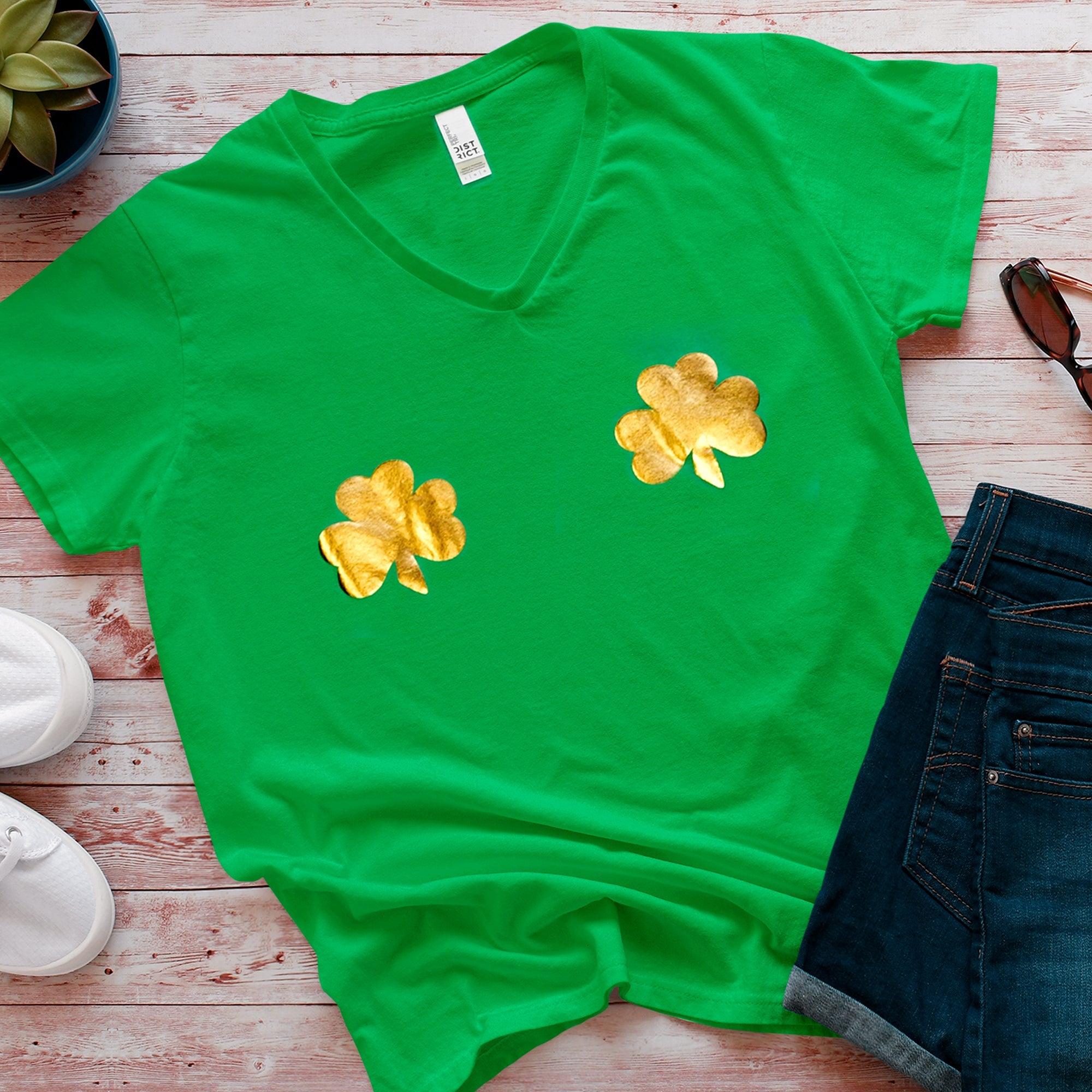 BodyCandy Lucky Gold Shamrocks Green Frost V-Neck Boobies Tee Shirt — main product shot