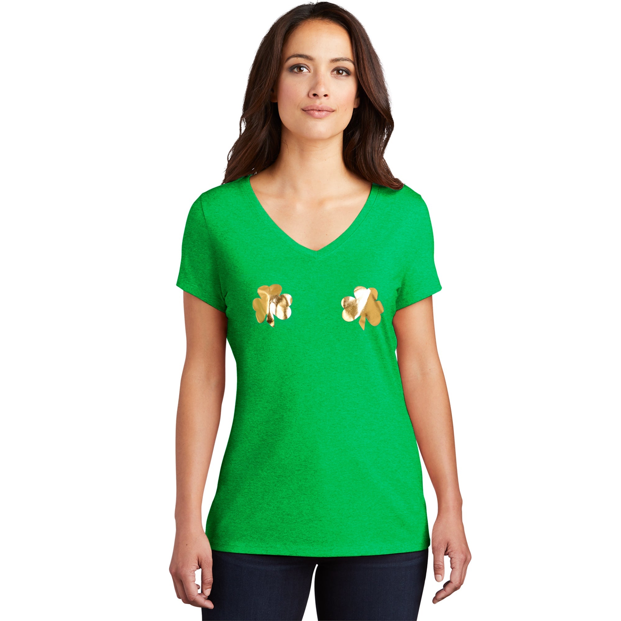 BodyCandy Lucky Gold Shamrocks Green Frost V-Neck Boobies Tee Shirt — detail close-up