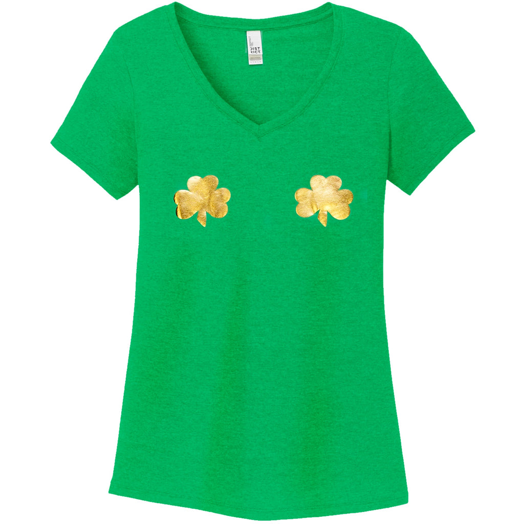 BodyCandy Lucky Gold Shamrocks Green Frost V-Neck Boobies Tee Shirt — lifestyle context