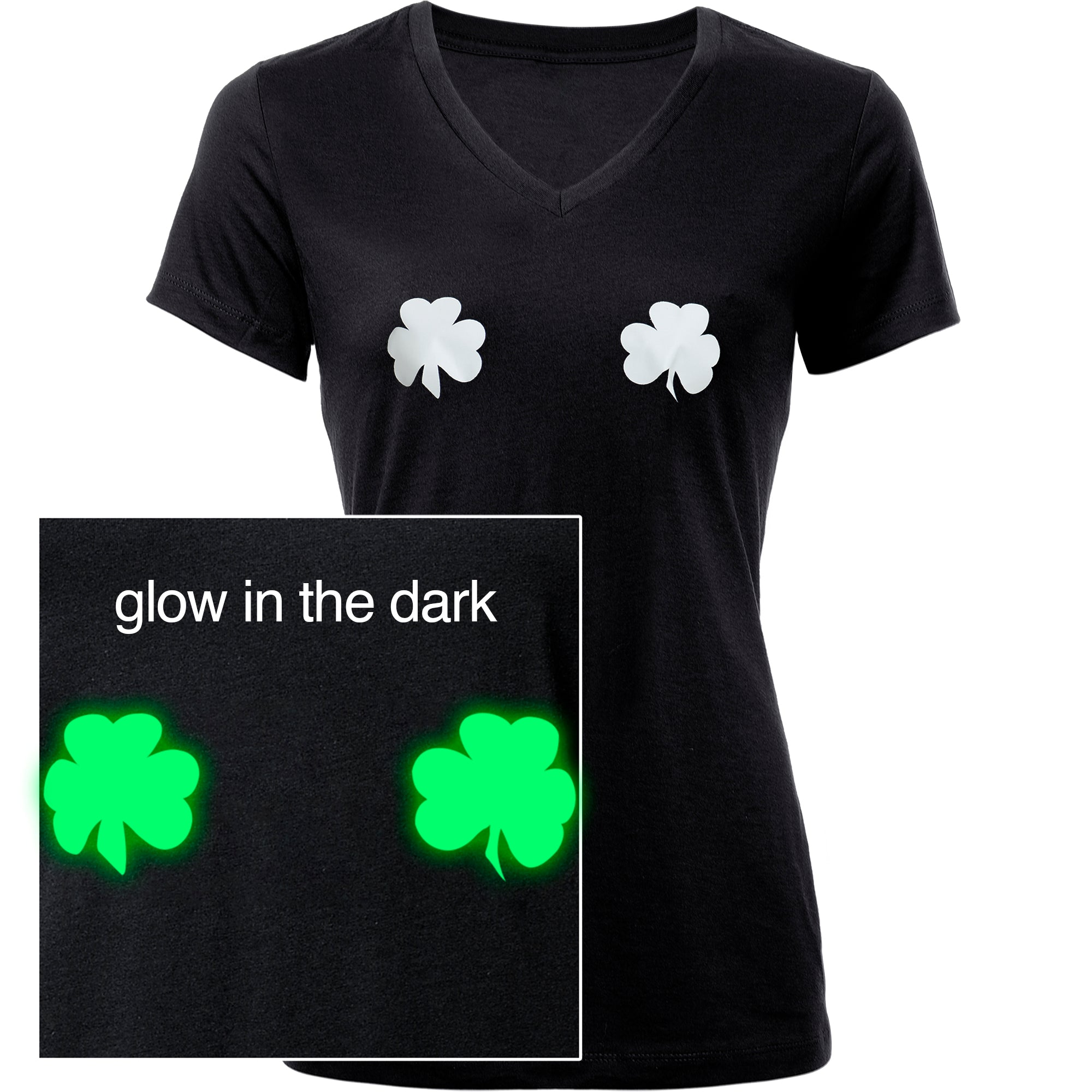 BodyCandy Lucky Glow in the Dark Shamrocks Black V-Neck Boobies Tee Shirt — main product shot