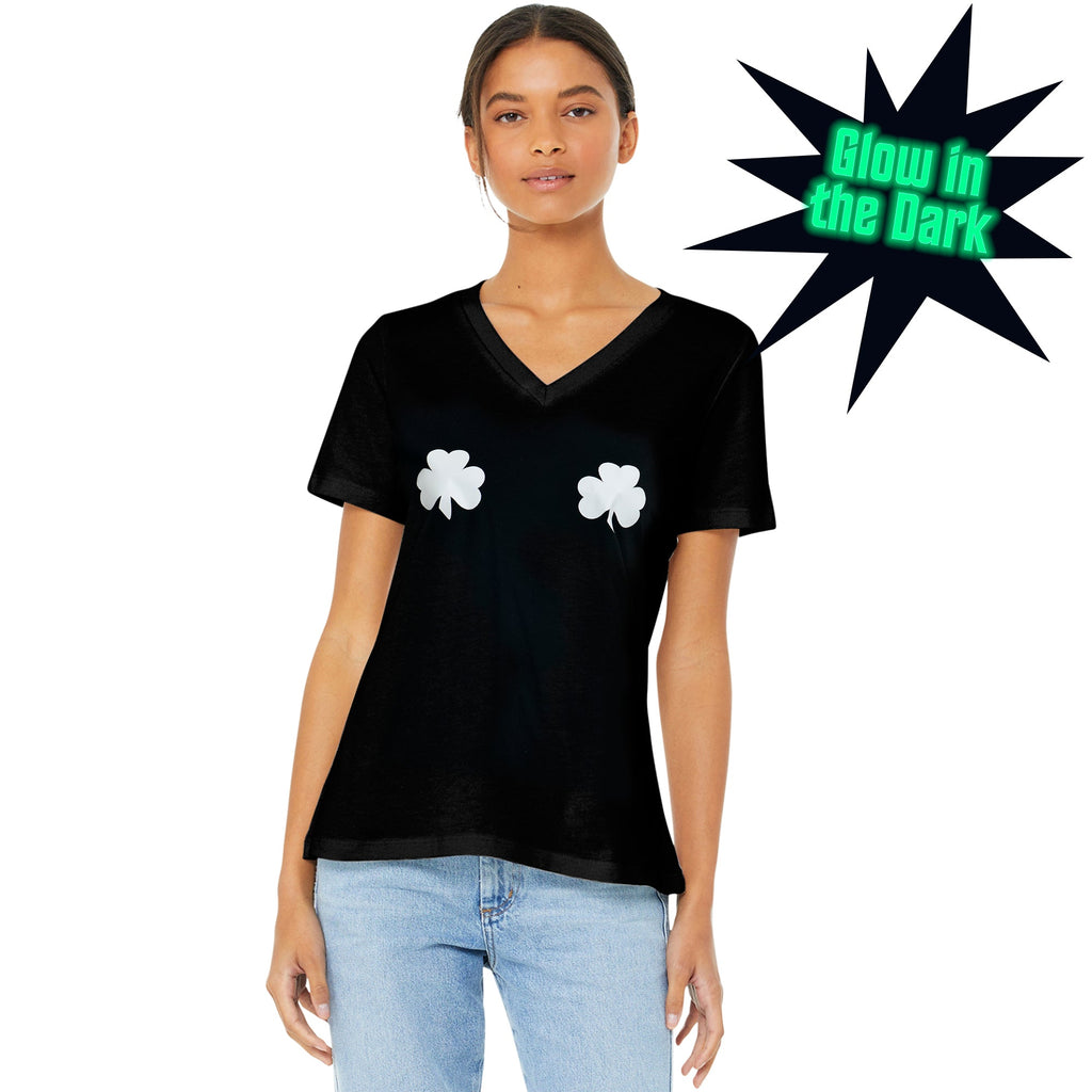 BodyCandy Lucky Glow in the Dark Shamrocks Black V-Neck Boobies Tee Shirt — detail close-up