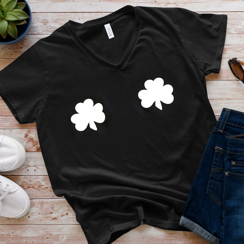 BodyCandy Lucky Glow in the Dark Shamrocks Black V-Neck Boobies Tee Shirt — side view