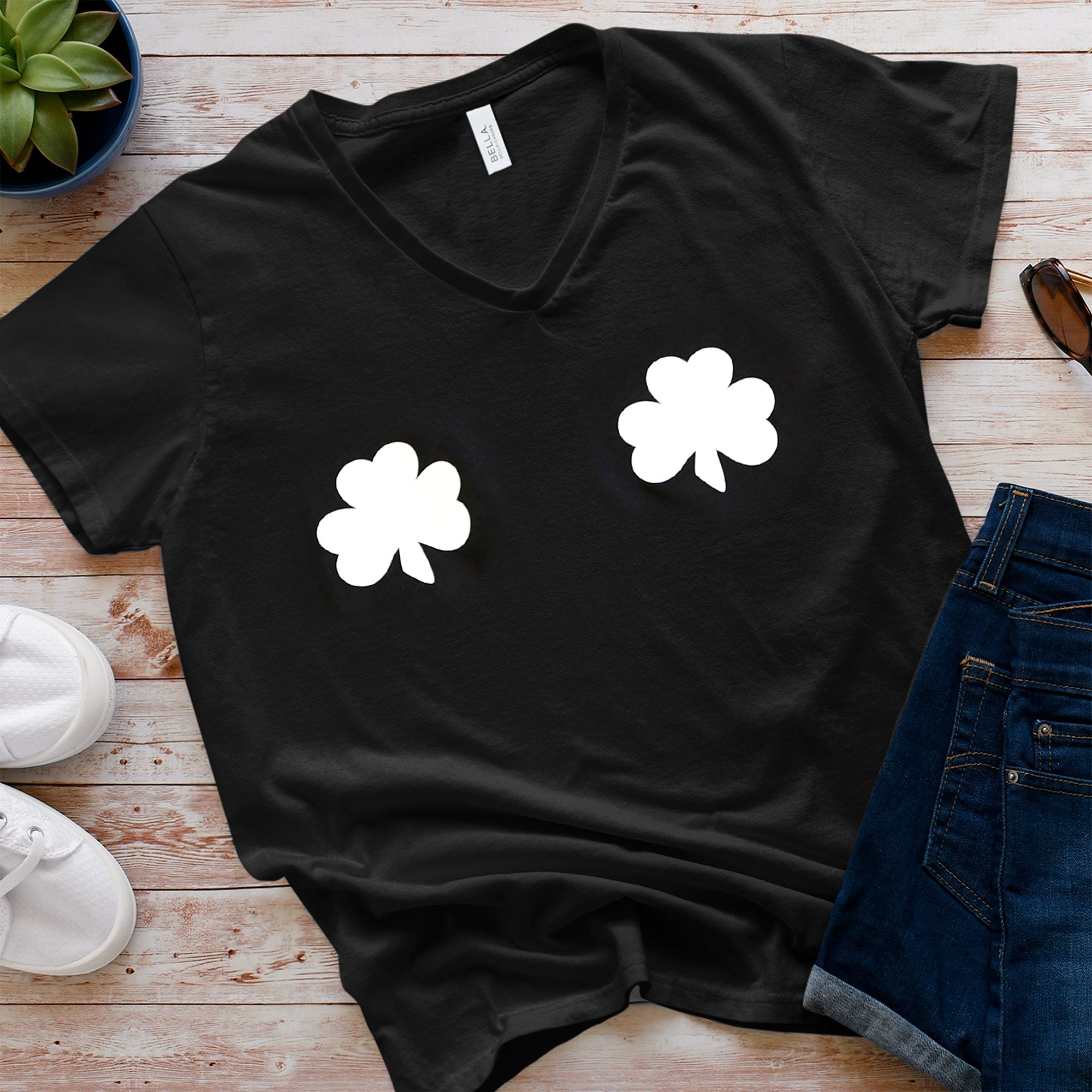 BodyCandy Lucky Glow in the Dark Shamrocks Black V-Neck Boobies Tee Shirt — side view