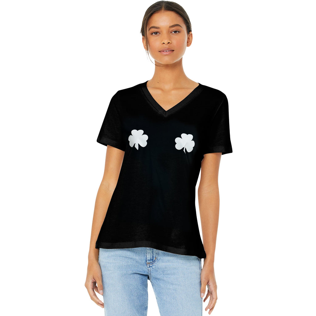 BodyCandy Lucky Glow in the Dark Shamrocks Black V-Neck Boobies Tee Shirt — alternative angle
