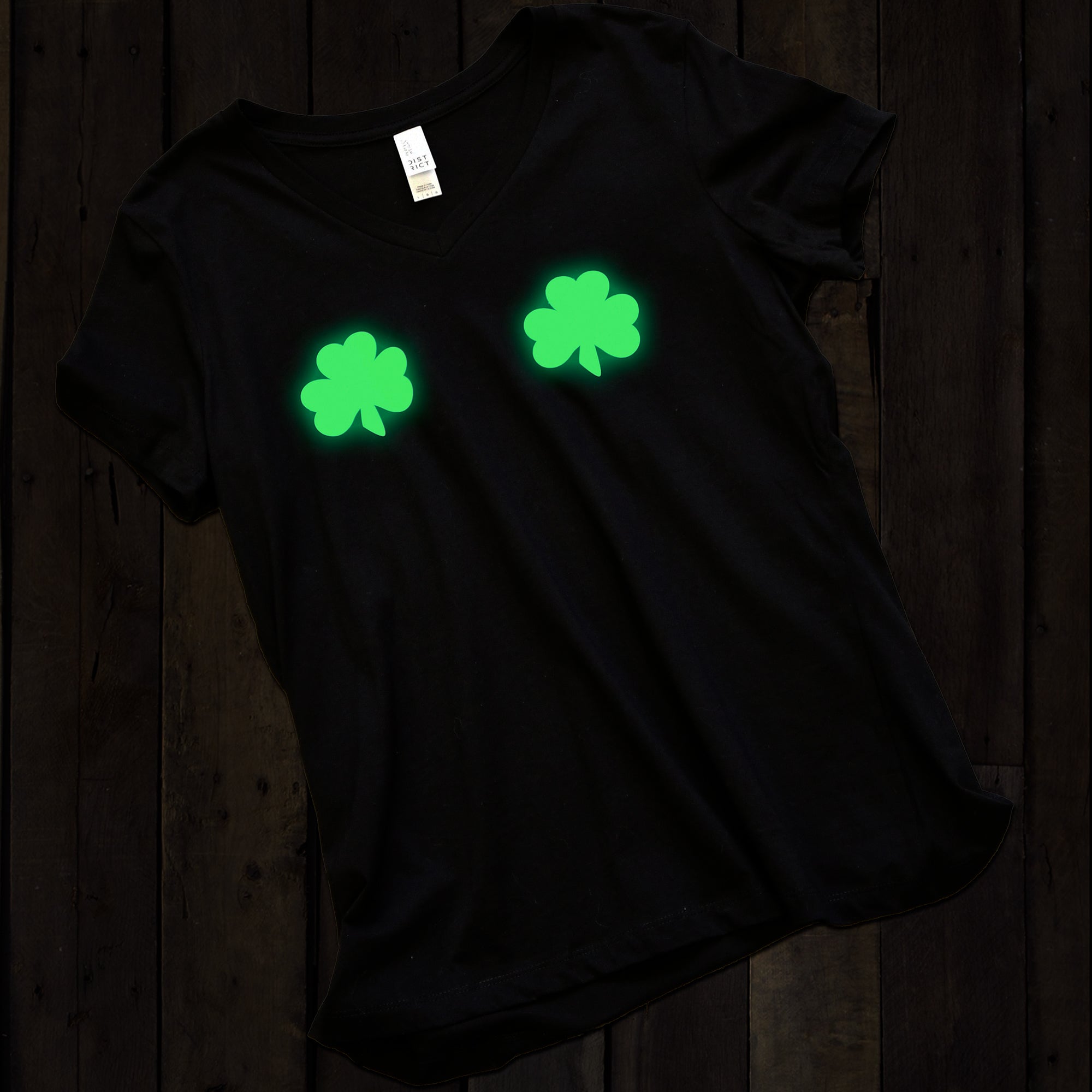 BodyCandy Lucky Glow in the Dark Shamrocks Black V-Neck Boobies Tee Shirt — in-use photo