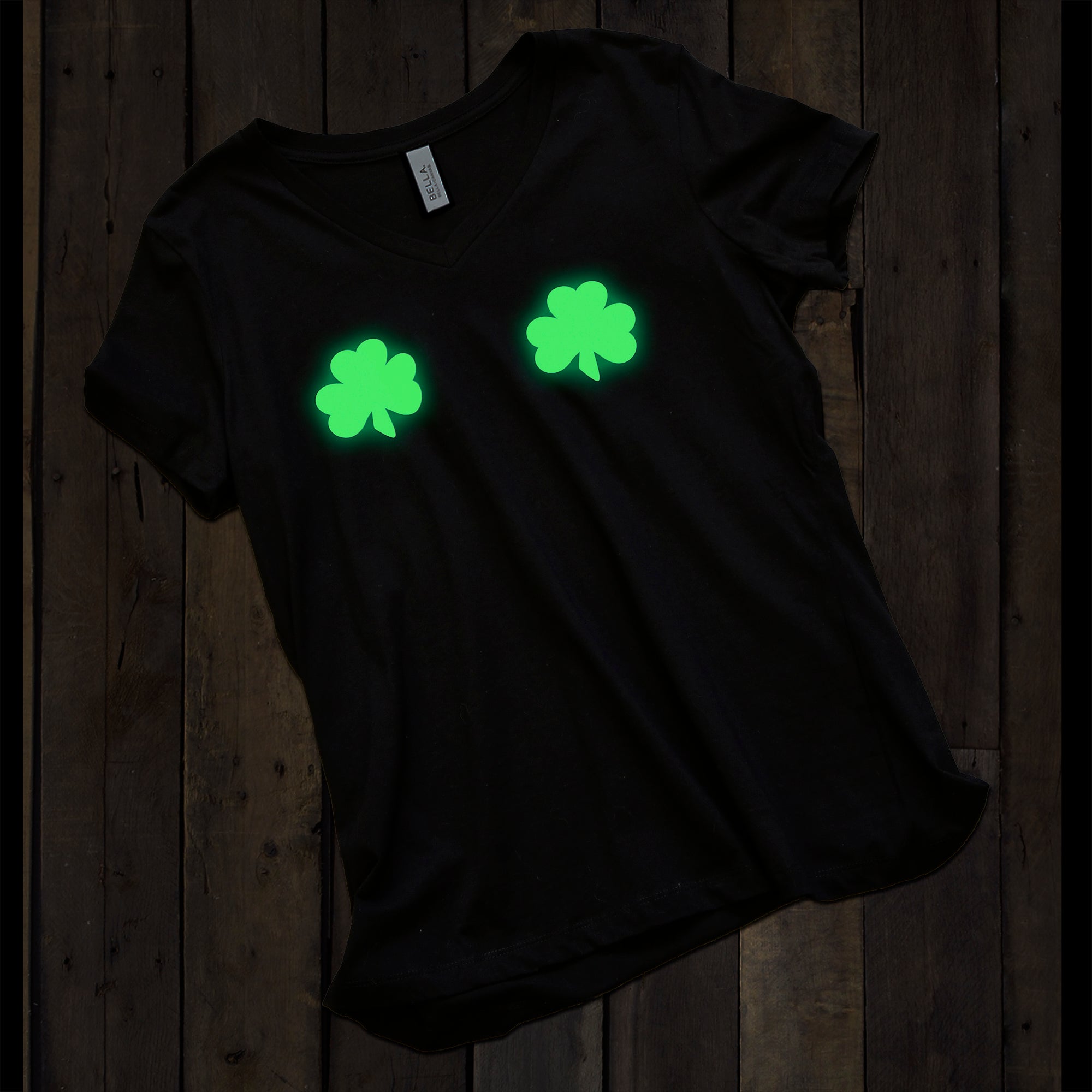 BodyCandy Lucky Glow in the Dark Shamrocks Black V-Neck Boobies Tee Shirt — lifestyle context