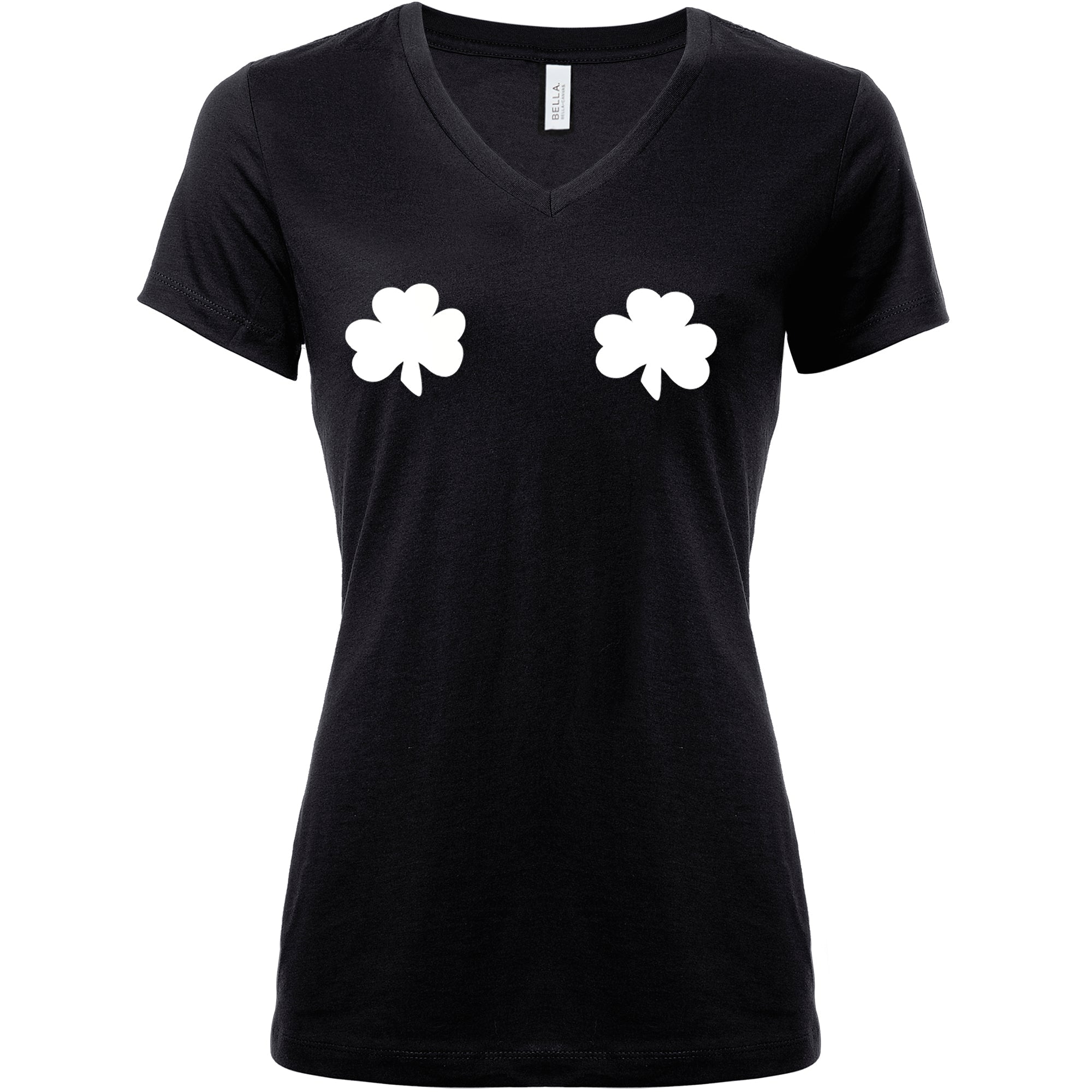 BodyCandy Lucky Glow in the Dark Shamrocks Black V-Neck Boobies Tee Shirt — packaging