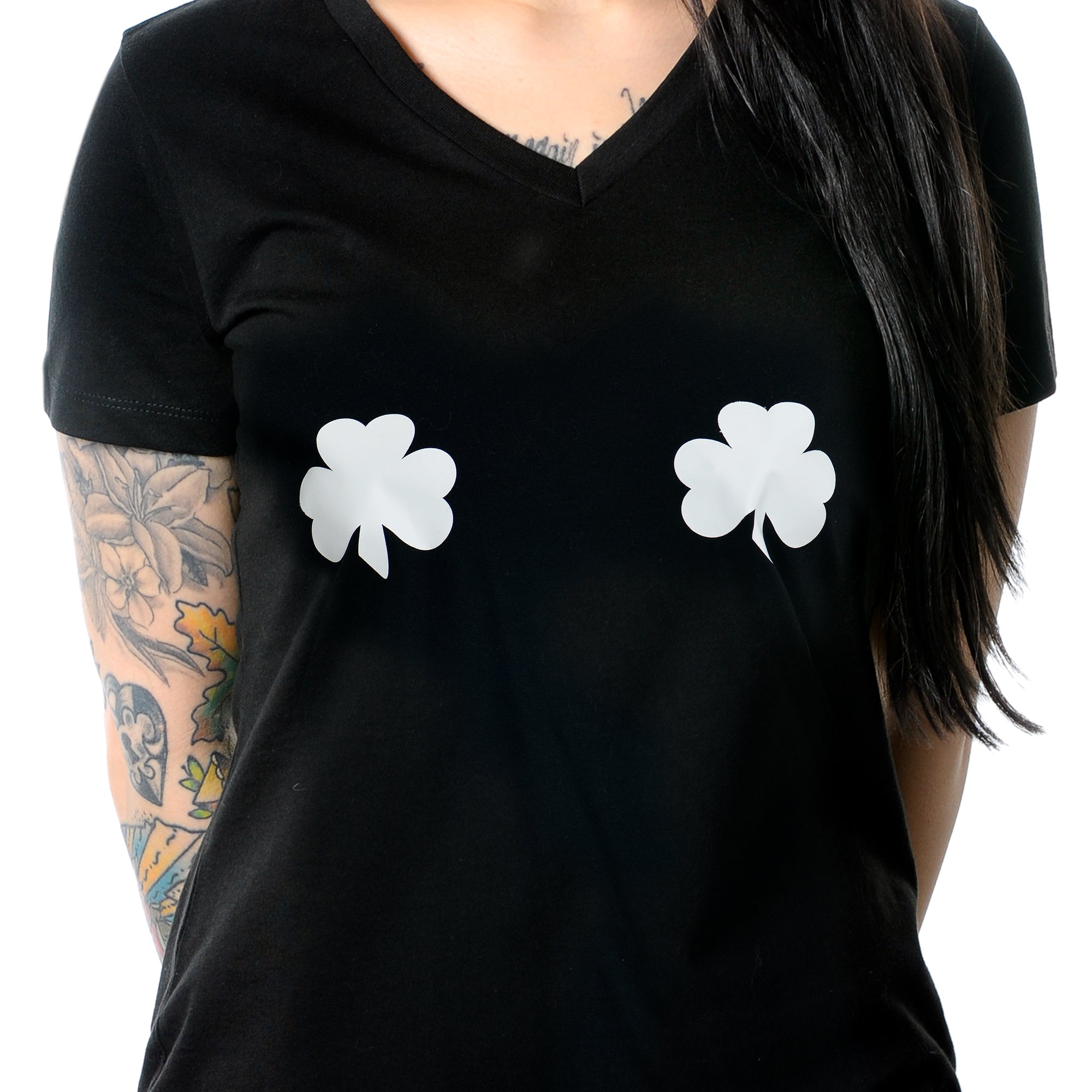 BodyCandy Lucky Glow in the Dark Shamrocks Black V-Neck Boobies Tee Shirt — size reference