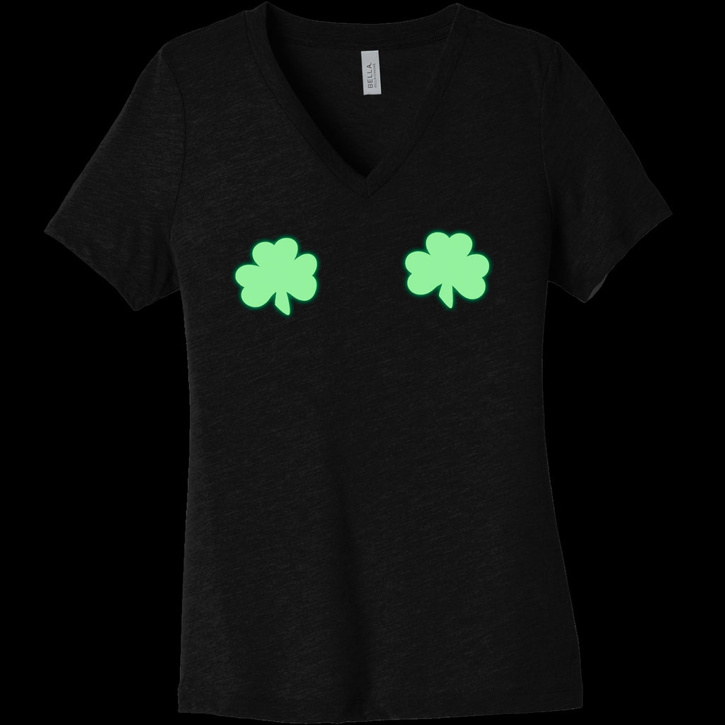 BodyCandy Lucky Glow in the Dark Shamrocks Black V-Neck Boobies Tee Shirt — comparison shot