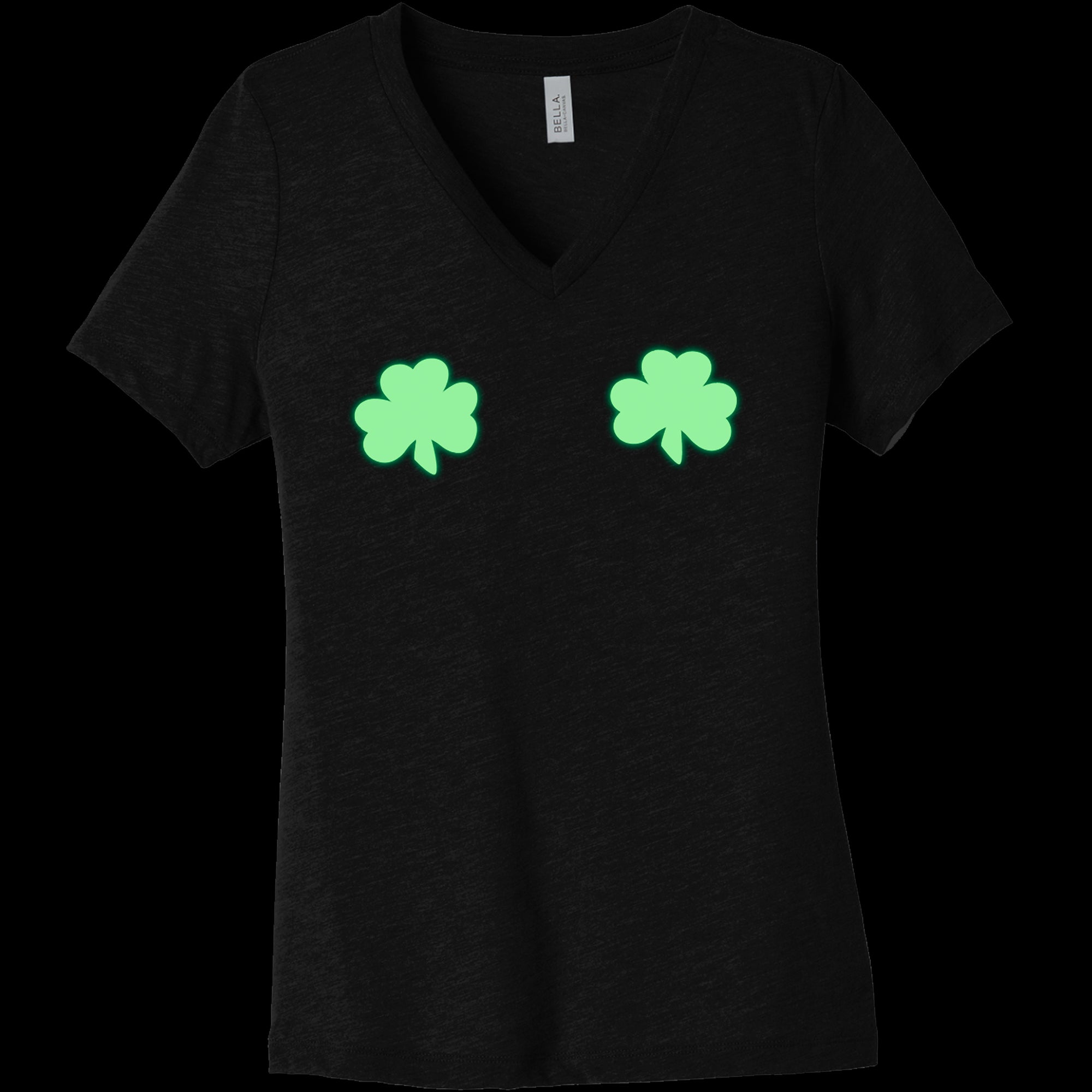 BodyCandy Lucky Glow in the Dark Shamrocks Black V-Neck Boobies Tee Shirt — comparison shot