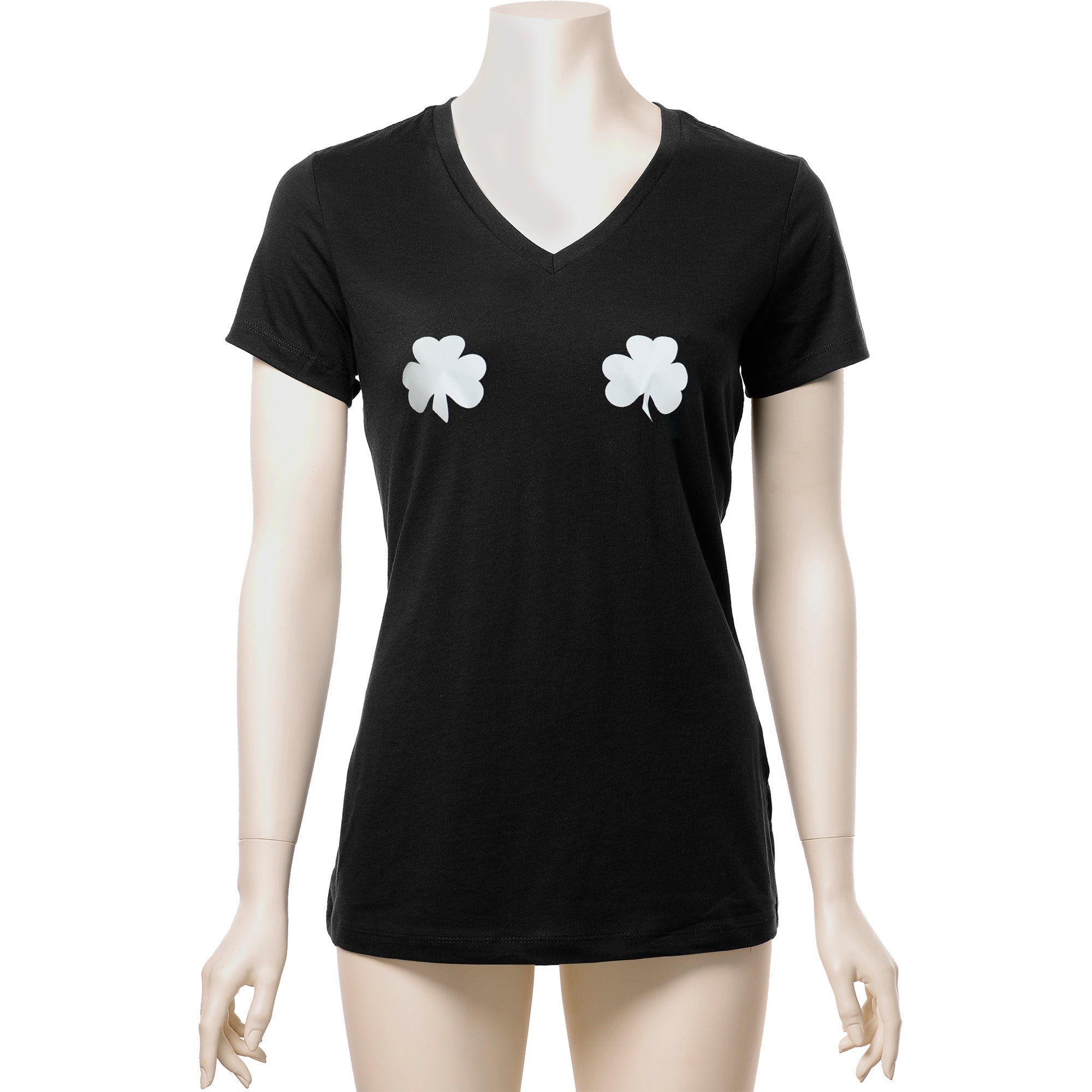 BodyCandy Lucky Glow in the Dark Shamrocks Black V-Neck Boobies Tee Shirt — back view