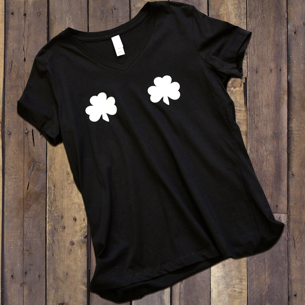BodyCandy Lucky Glow in the Dark Shamrocks Black V-Neck Boobies Tee Shirt — color detail