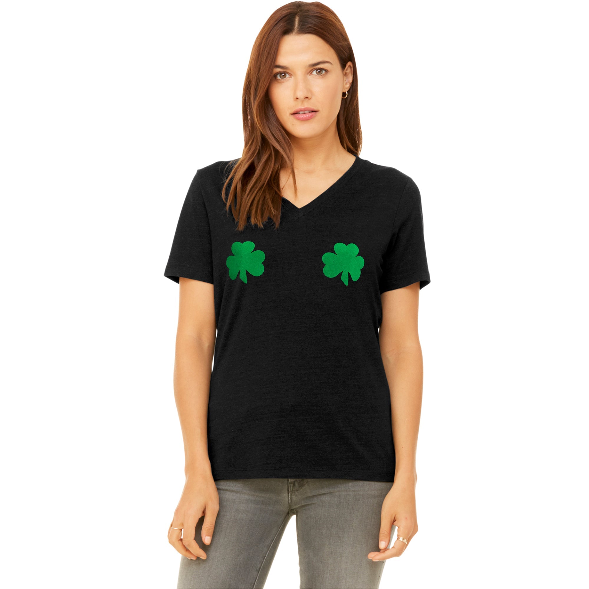 BodyCandy Lucky Green Shamrocks Black V-Neck Boobies Tee Shirt — detail close-up