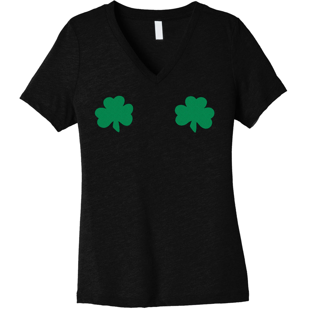 BodyCandy Lucky Green Shamrocks Black V-Neck Boobies Tee Shirt — lifestyle context