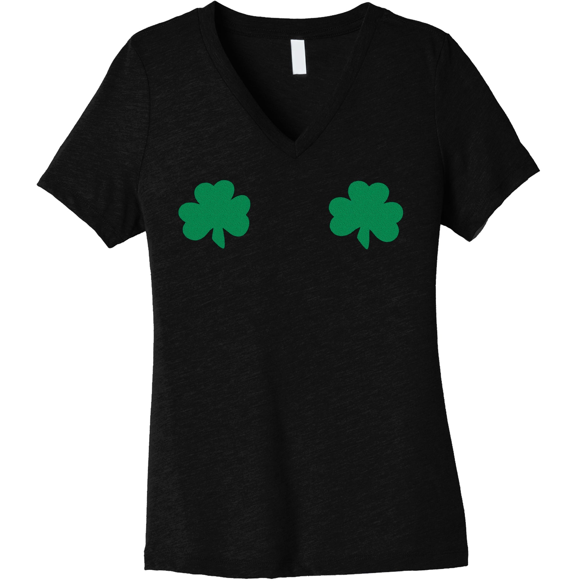 BodyCandy Lucky Green Shamrocks Black V-Neck Boobies Tee Shirt — lifestyle context