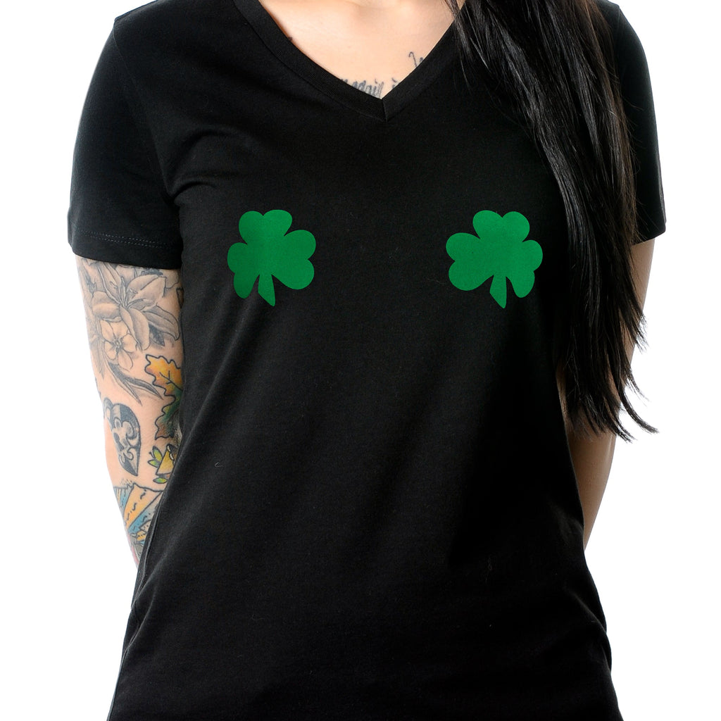 BodyCandy Lucky Green Shamrocks Black V-Neck Boobies Tee Shirt — side view