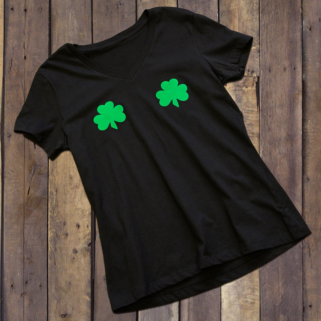 BodyCandy Lucky Green Shamrocks Black V-Neck Boobies Tee Shirt — back view