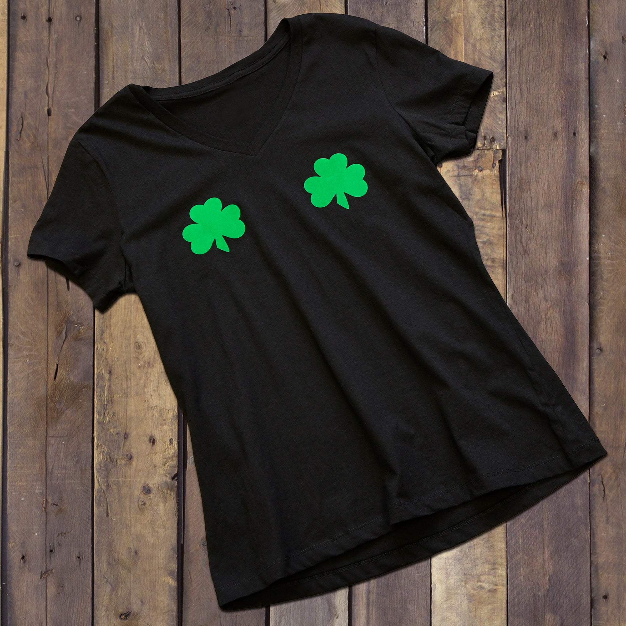BodyCandy Lucky Green Shamrocks Black V-Neck Boobies Tee Shirt — back view