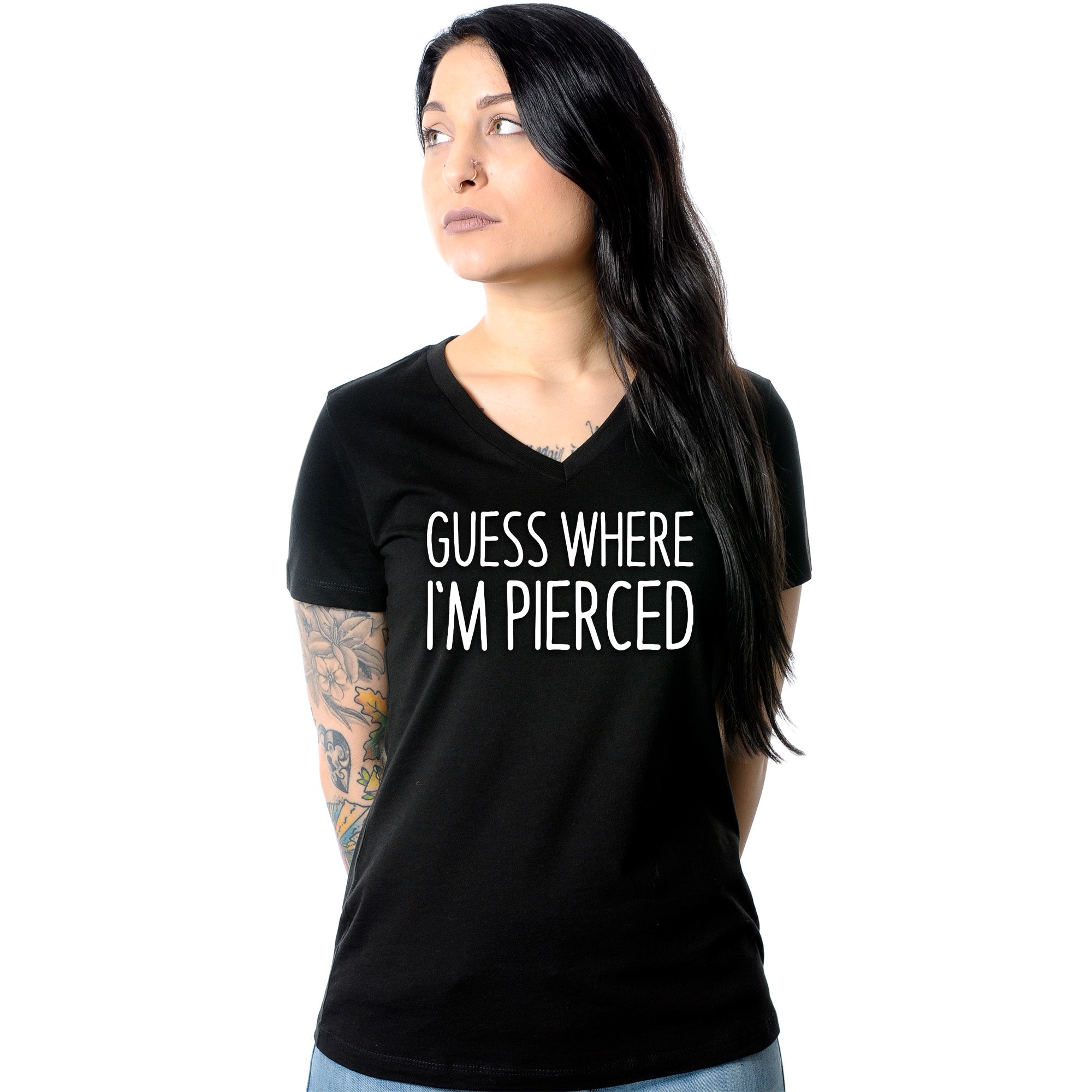 BodyCandy Guess Where I'm Pierced Black Tapered V-Neck Tee Shirt — main product shot