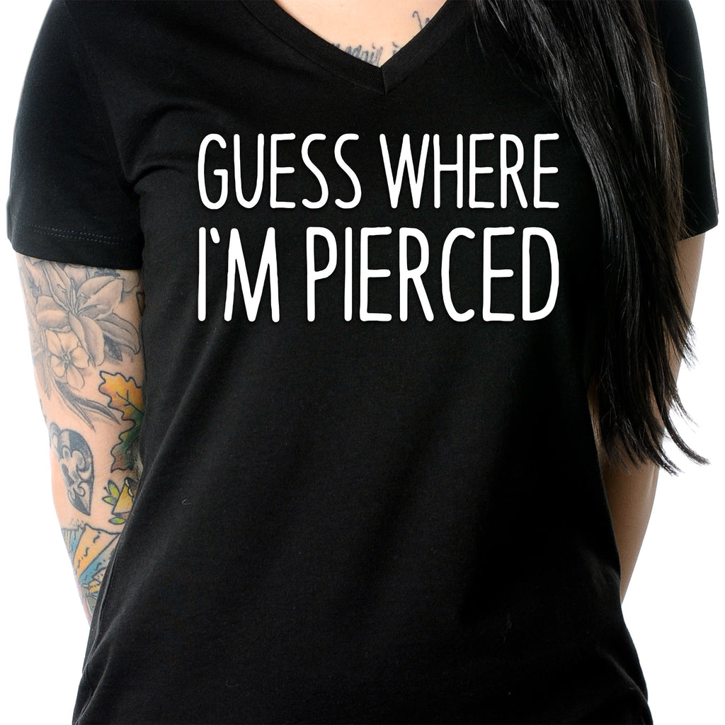 BodyCandy Guess Where I'm Pierced Black Tapered V-Neck Tee Shirt — lifestyle context