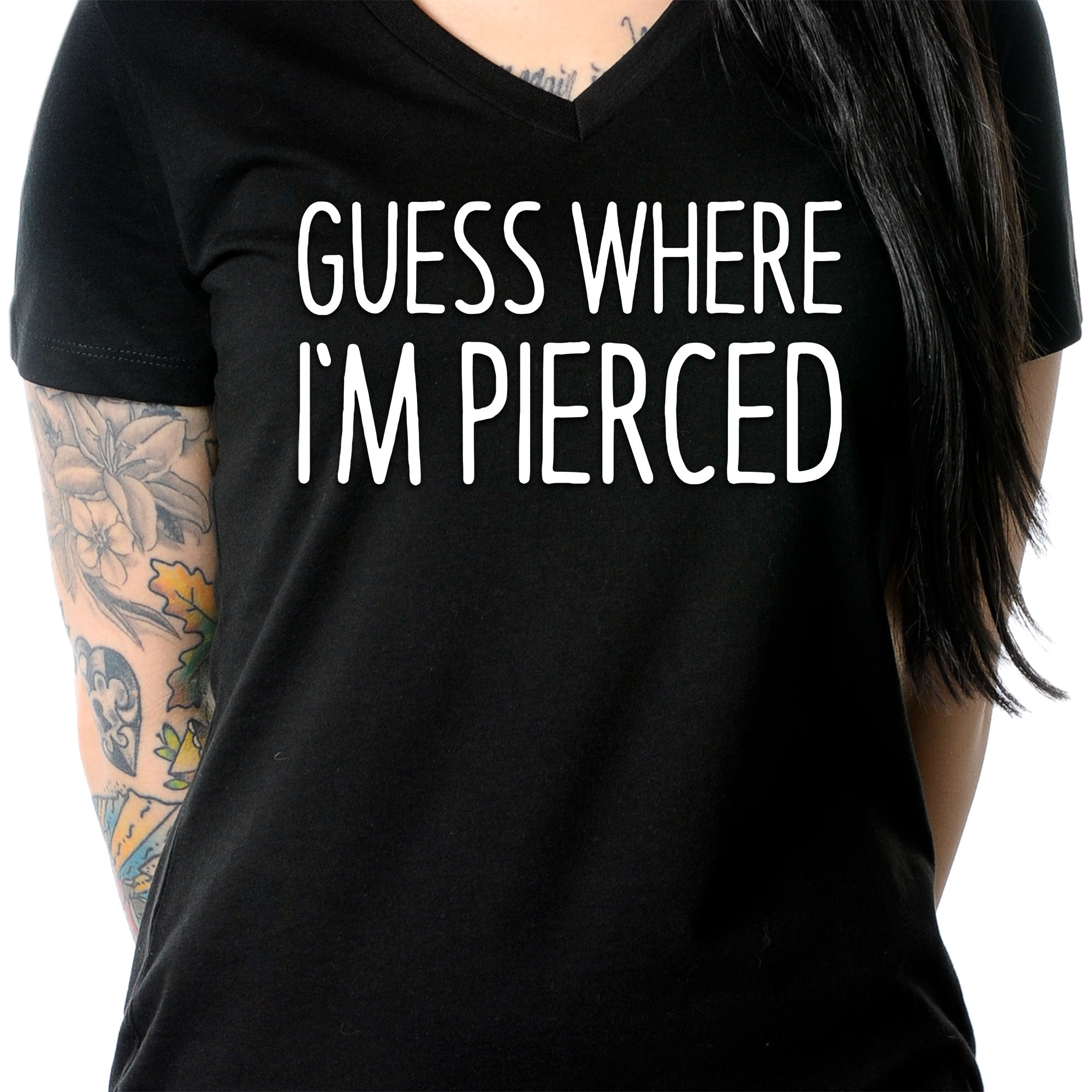 BodyCandy Guess Where I'm Pierced Black Tapered V-Neck Tee Shirt — lifestyle context