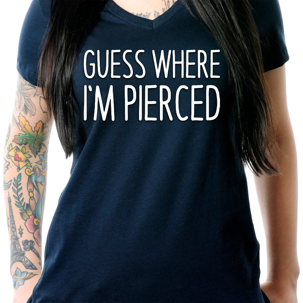 BodyCandy Guess Where I'm Pierced Navy Tapered V-Neck Tee Shirt — lifestyle context