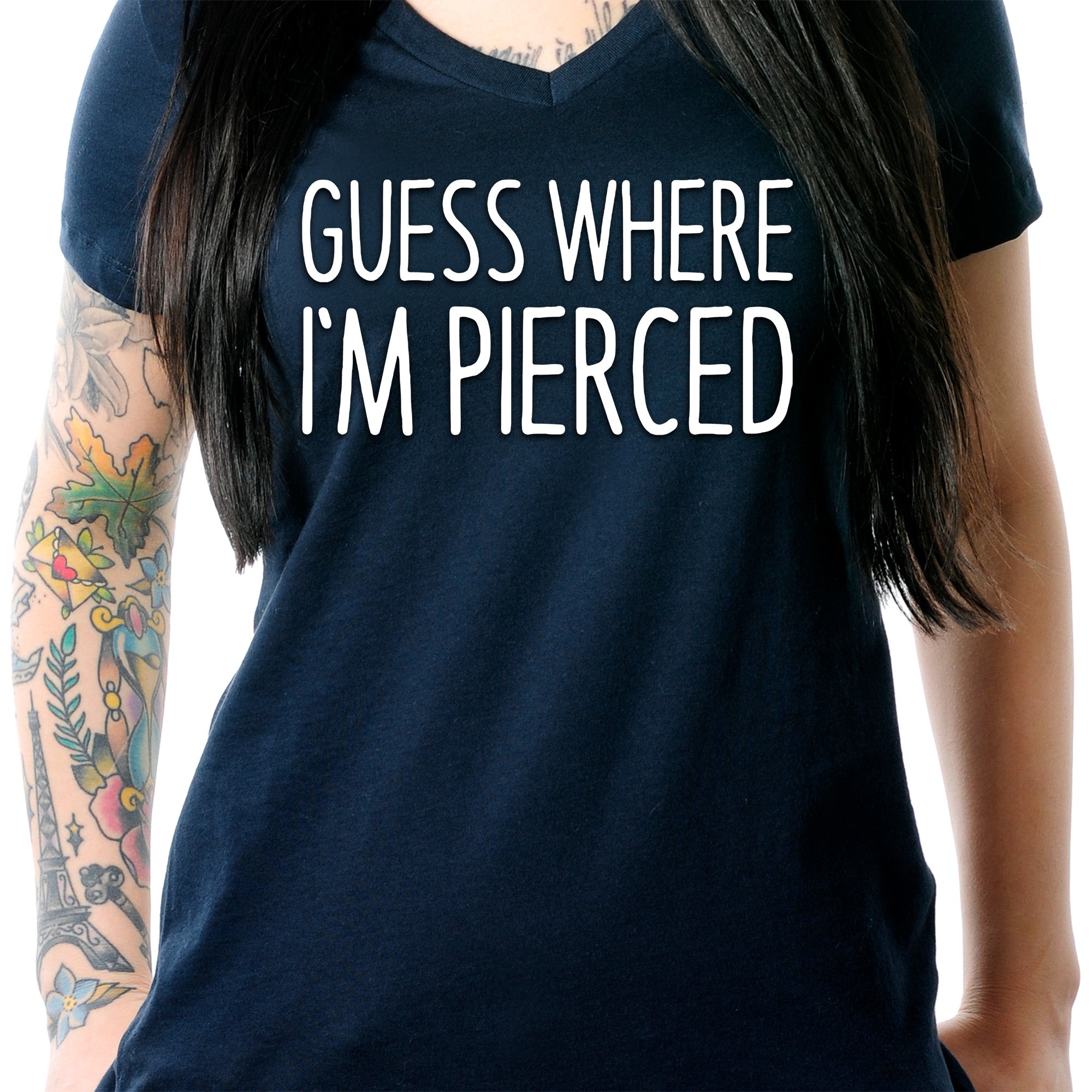BodyCandy Guess Where I'm Pierced Navy Tapered V-Neck Tee Shirt — lifestyle context