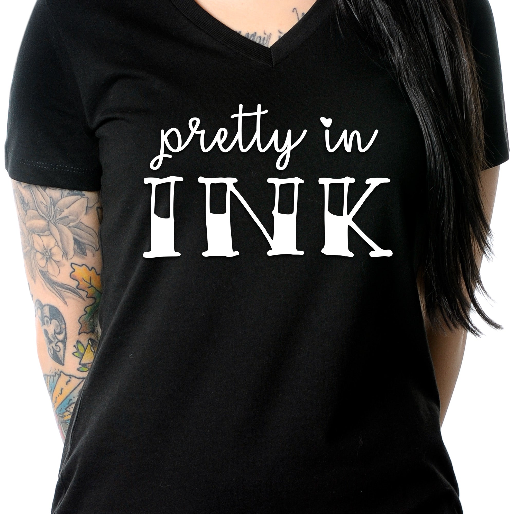 BodyCandy Pretty in Ink Black Tapered V-Neck Tee Shirt — side view