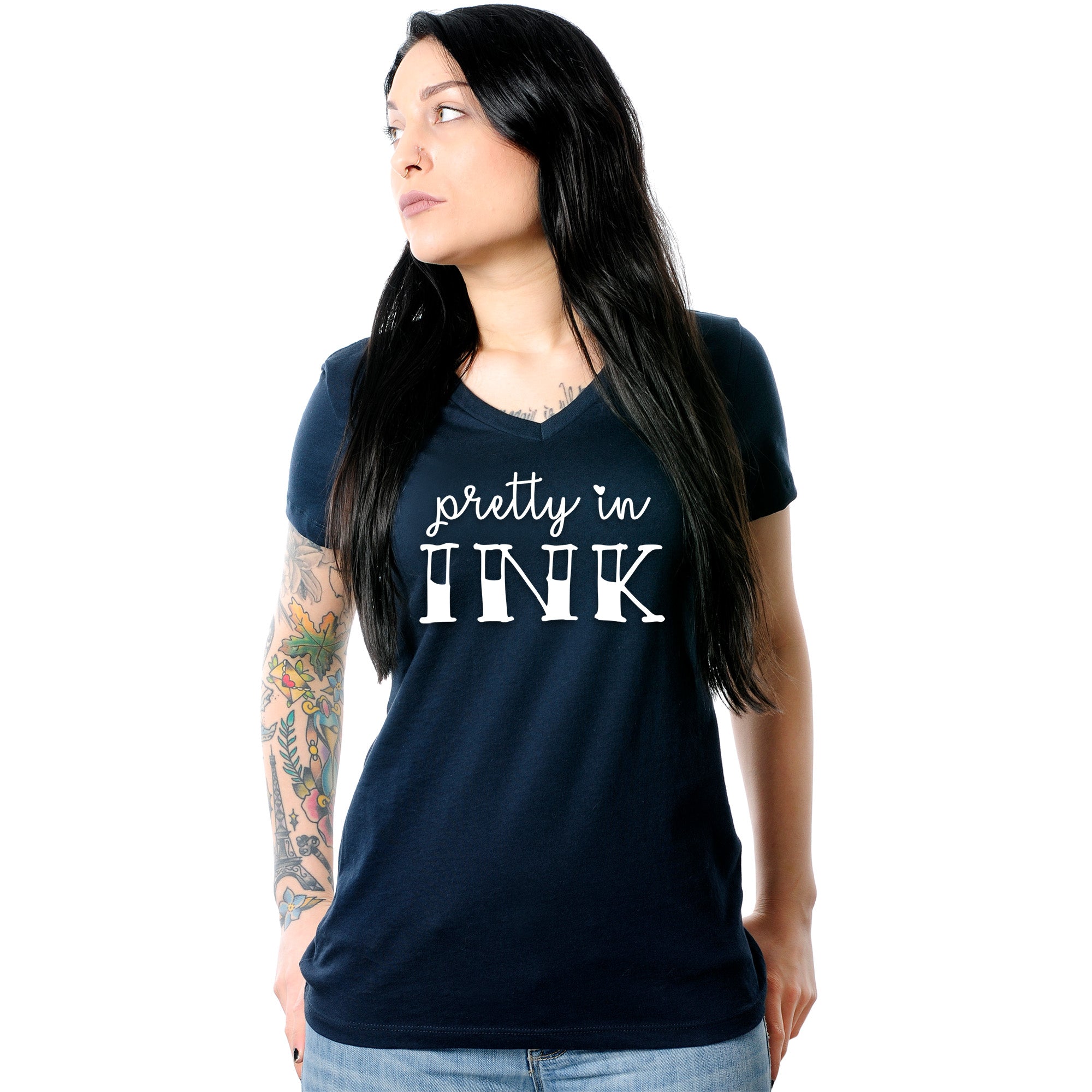 BodyCandy Pretty in Ink Navy Tapered V-Neck Tee Shirt — detail close-up