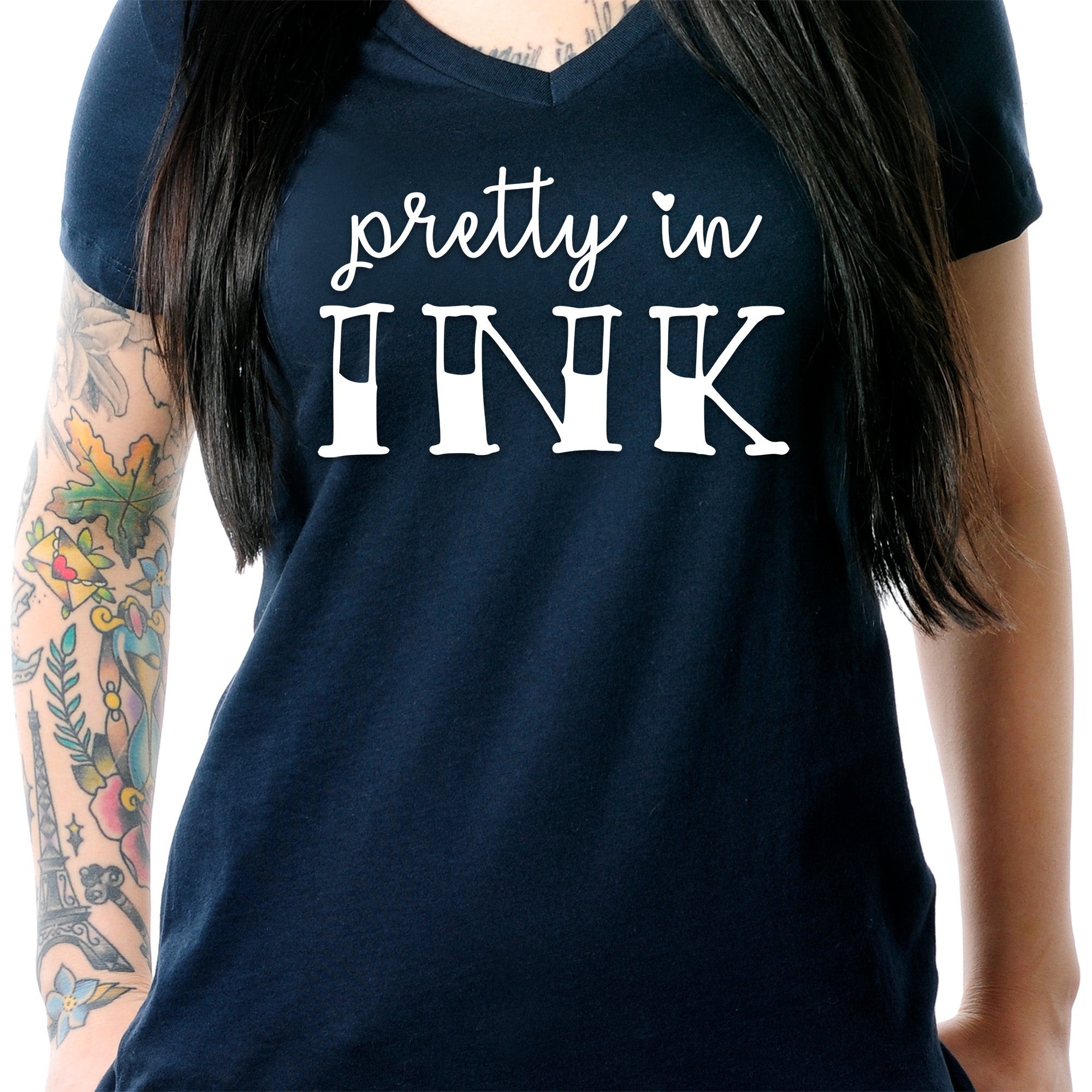 BodyCandy Pretty in Ink Navy Tapered V-Neck Tee Shirt — side view