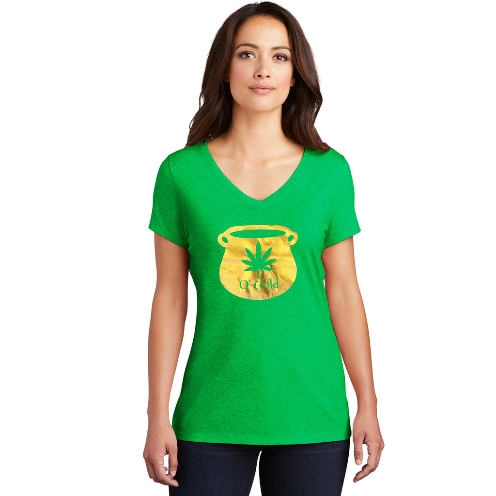 BodyCandy Pot Leaf Pot of Gold Green Frost V-Neck Tee Shirt — detail close-up