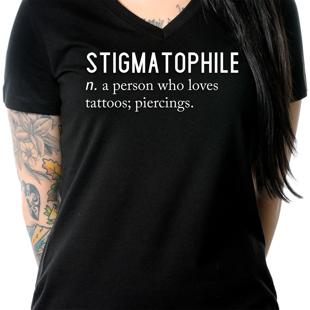 BodyCandy Stigmatophile n. a person who loves tattoos; piercings. Black Tapered V-Neck Tee Shirt — packaging or label
