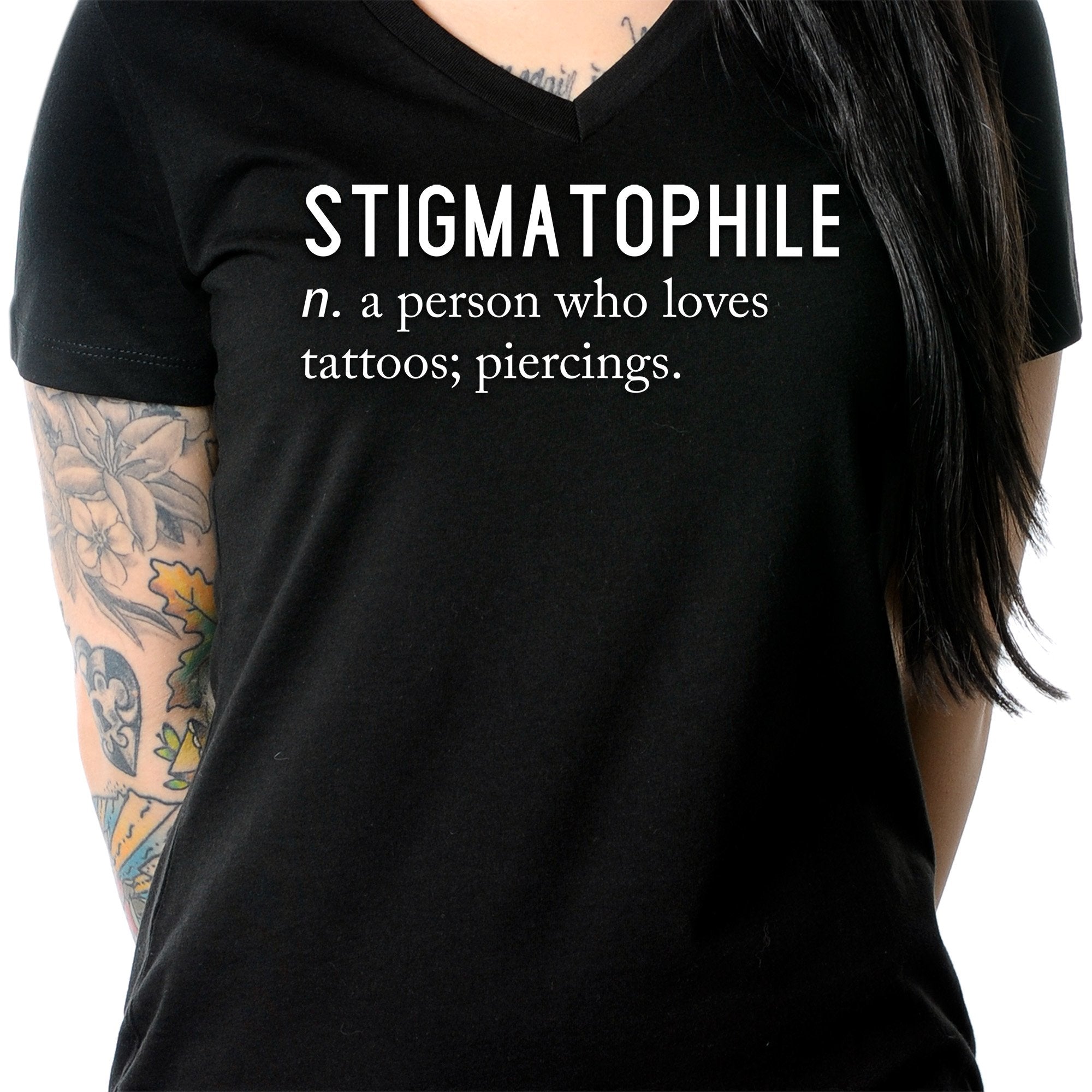BodyCandy Stigmatophile n. a person who loves tattoos; piercings. Black Tapered V-Neck Tee Shirt — packaging or label