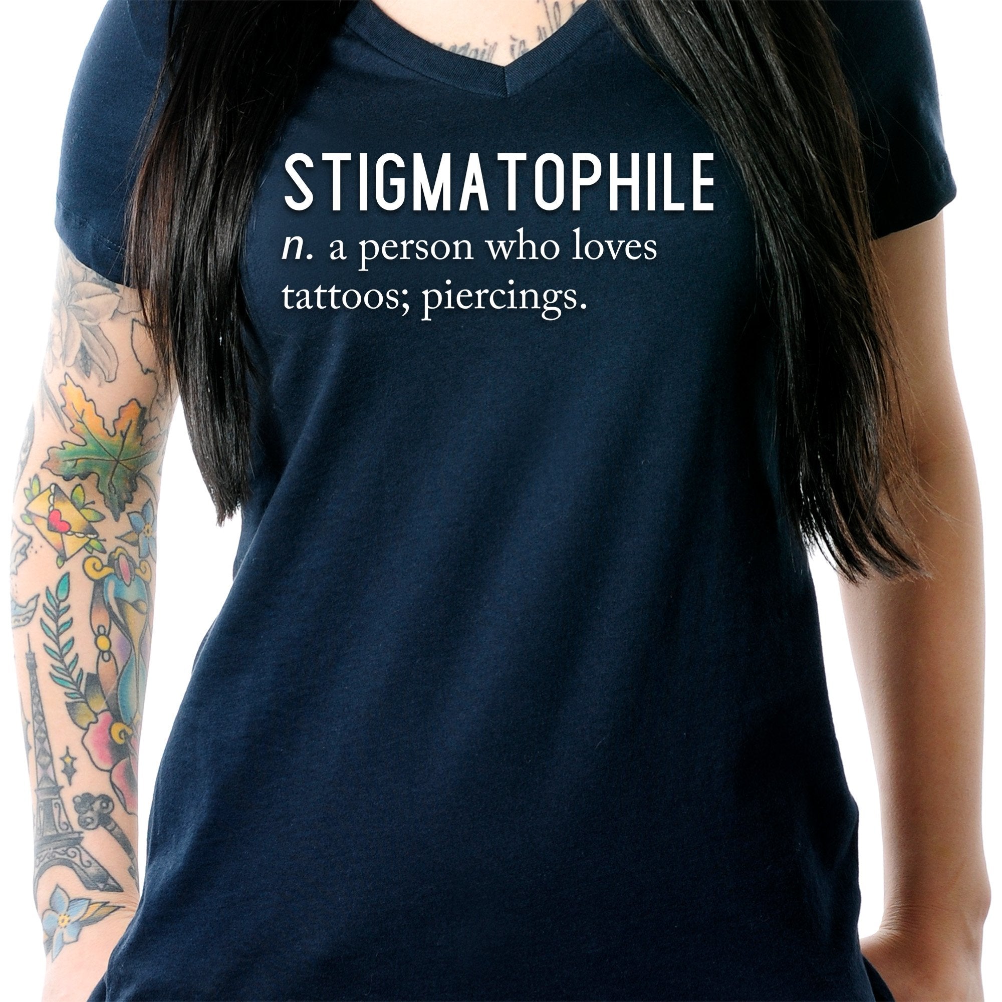 BodyCandy Stigmatophile n. a person who loves tattoos; piercings. Black Tapered V-Neck Tee Shirt — lifestyle context