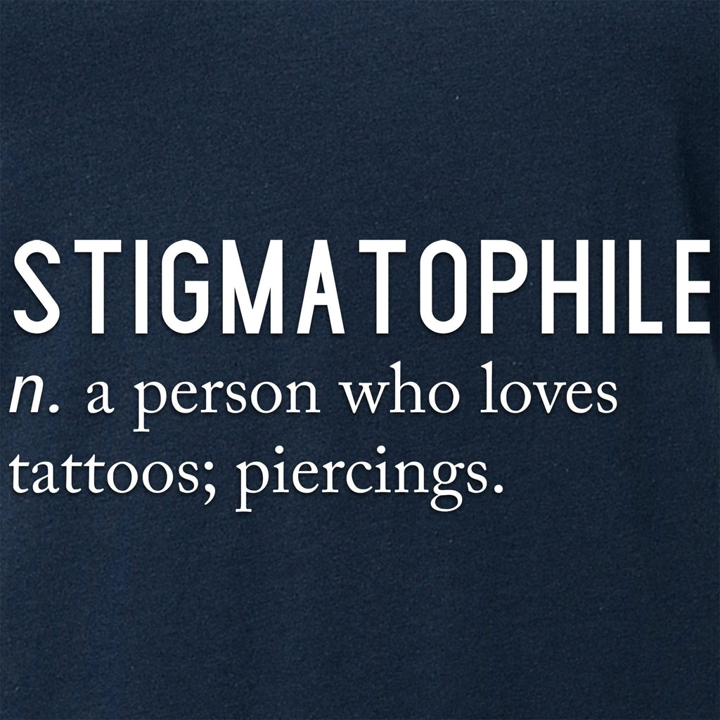 BodyCandy Stigmatophile n. a person who loves tattoos; piercings. Black Tapered V-Neck Tee Shirt — detail and construction