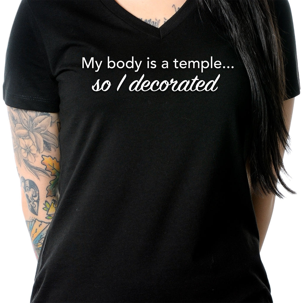 BodyCandy My Body is a Temple... So I Decorated Black Tapered V-Neck Tee Shirt — packaging or label