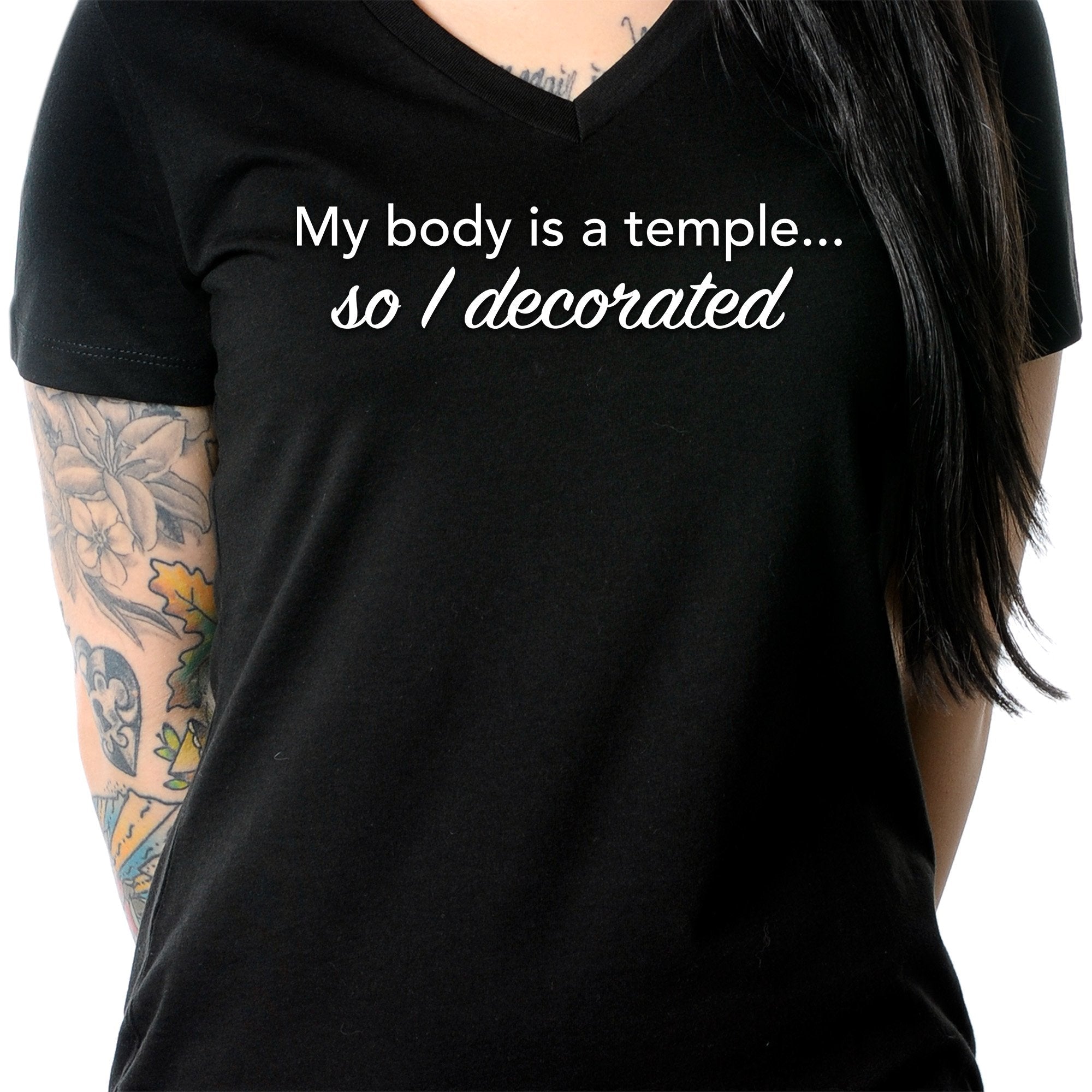BodyCandy My Body is a Temple... So I Decorated Black Tapered V-Neck Tee Shirt — packaging or label
