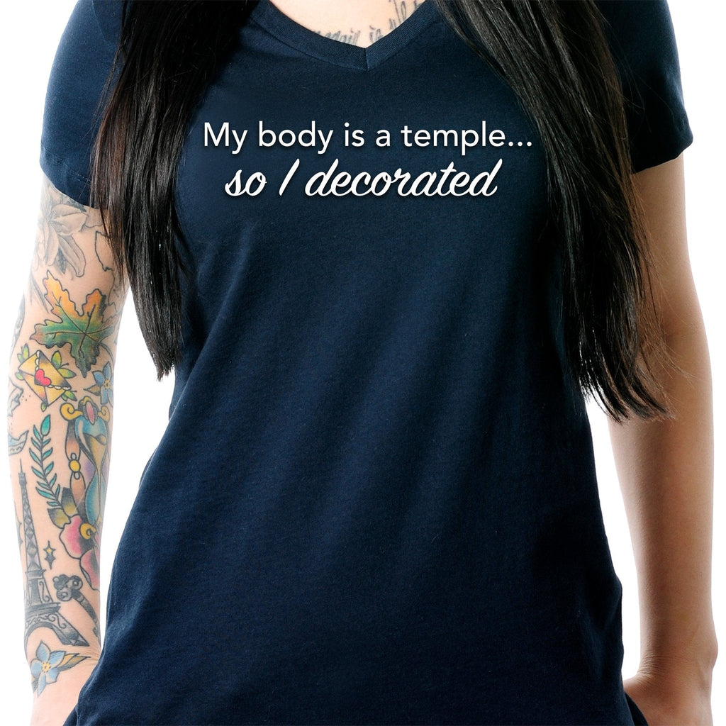 BodyCandy My Body is a Temple... So I Decorated Black Tapered V-Neck Tee Shirt — lifestyle context