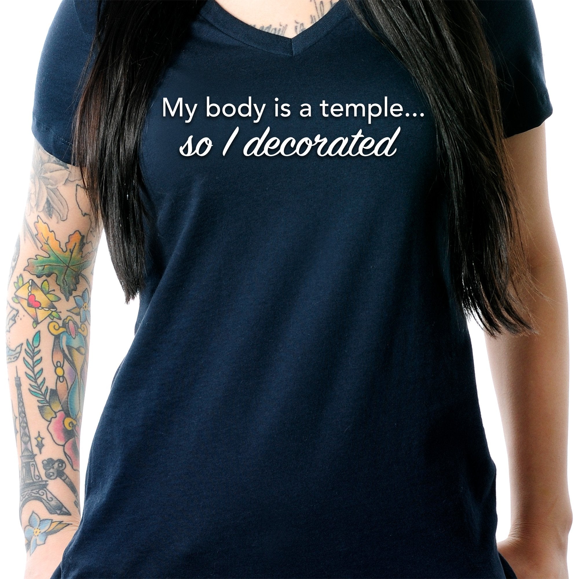 BodyCandy My Body is a Temple... So I Decorated Black Tapered V-Neck Tee Shirt — lifestyle context