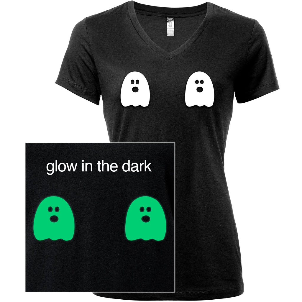 BodyCandy Halloween Glow in the Dark Ghost Boobies Tee V-Neck Tee Shirt 100% Cotton — color detail