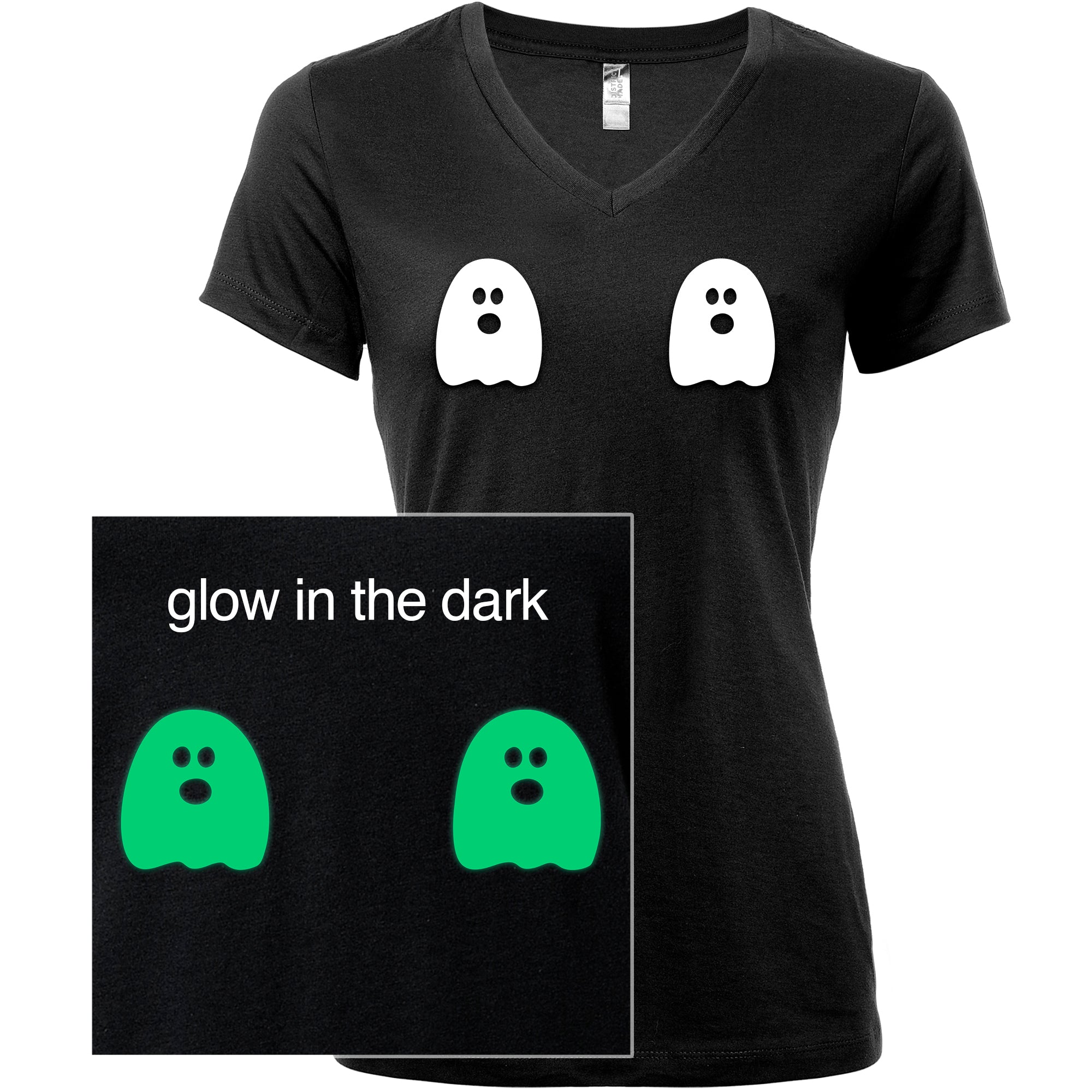 BodyCandy Halloween Glow in the Dark Ghost Boobies Tee V-Neck Tee Shirt 100% Cotton — color detail