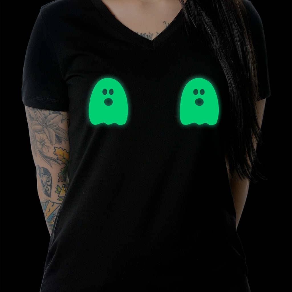 BodyCandy Halloween Glow in the Dark Ghost Boobies Tee V-Neck Tee Shirt 100% Cotton — side view