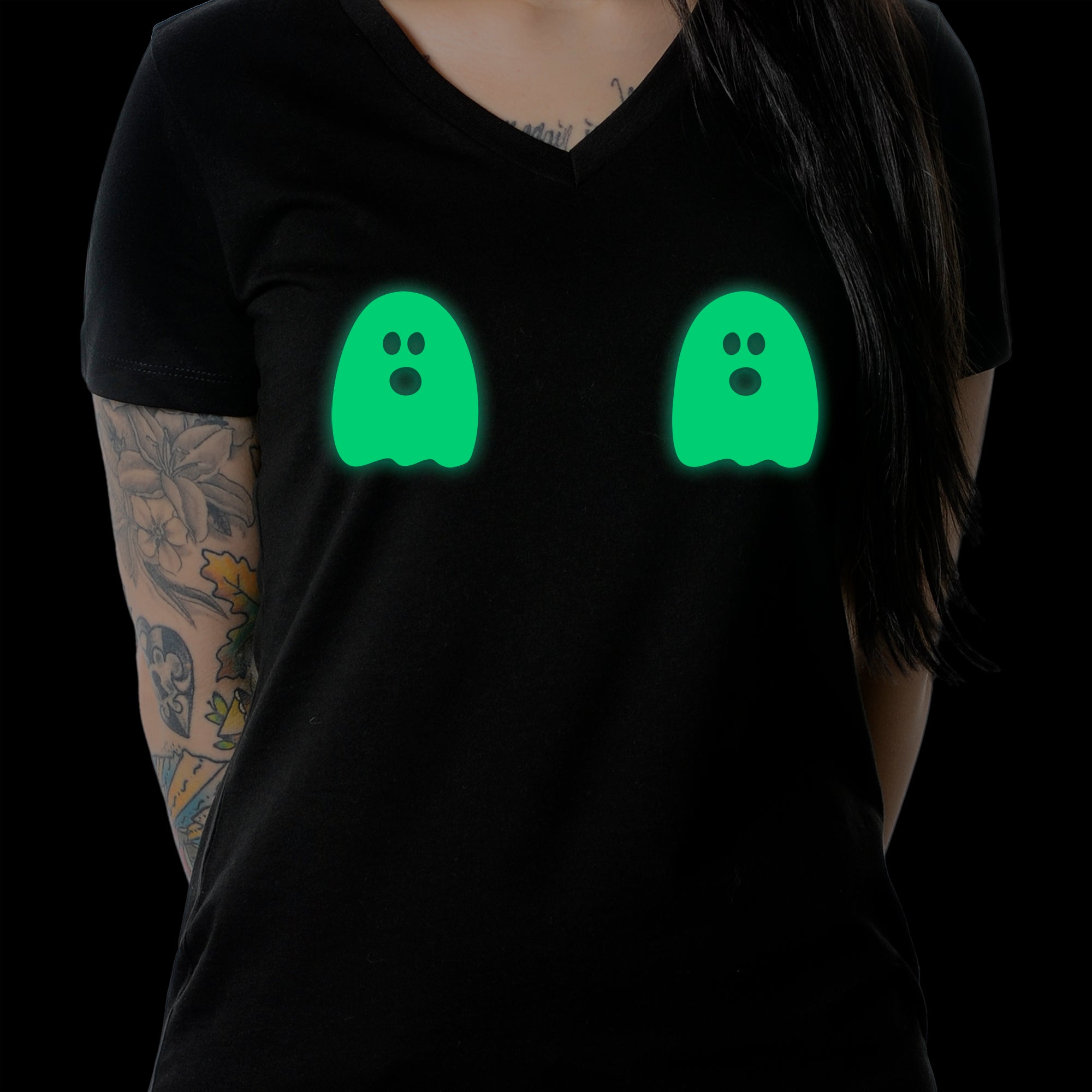 BodyCandy Halloween Glow in the Dark Ghost Boobies Tee V-Neck Tee Shirt 100% Cotton — side view