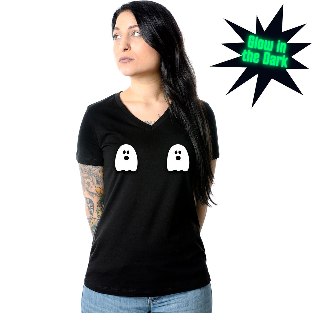 BodyCandy Halloween Glow in the Dark Ghost Boobies Tee V-Neck Tee Shirt 100% Cotton — lifestyle context