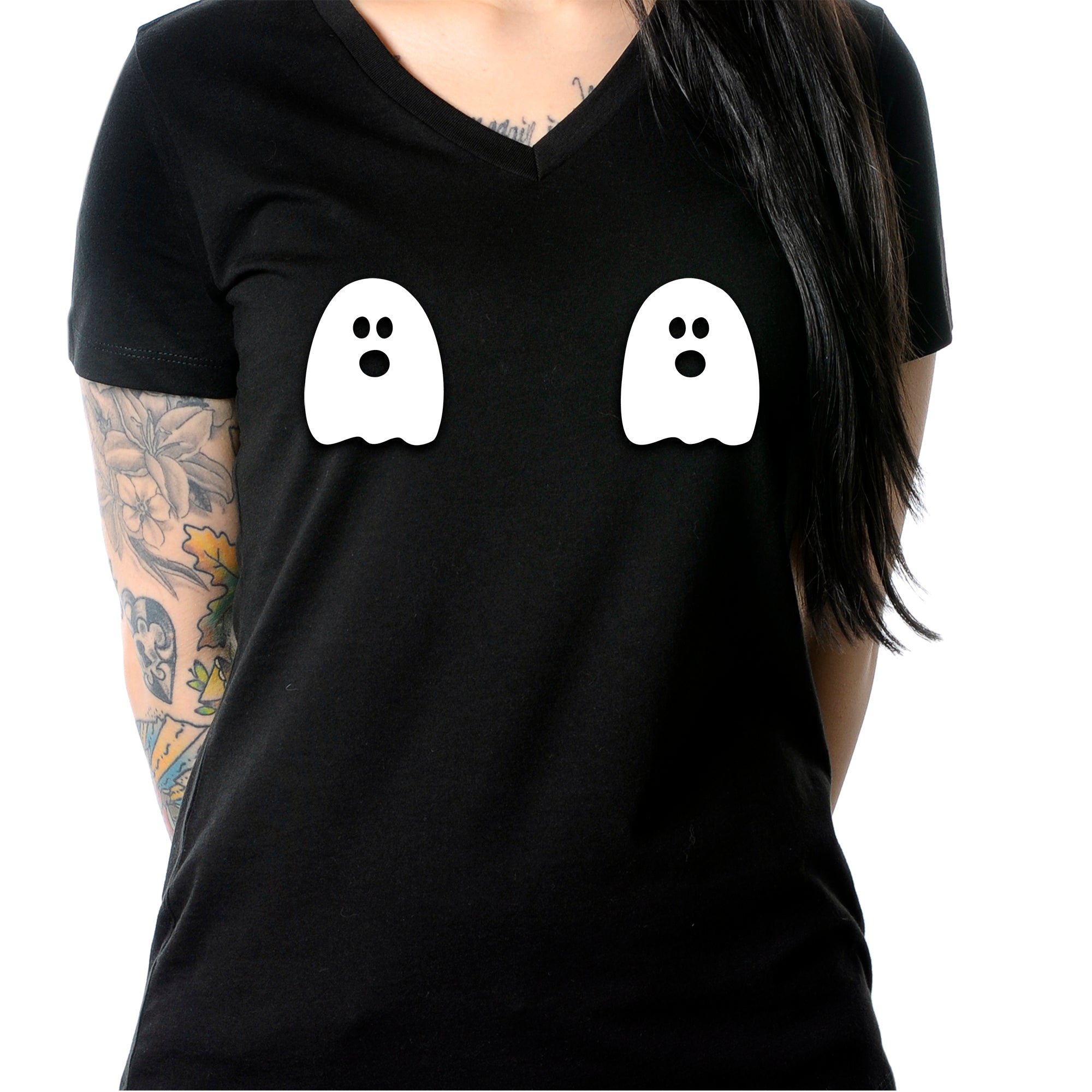 BodyCandy Halloween Glow in the Dark Ghost Boobies Tee V-Neck Tee Shirt 100% Cotton — in-use photo