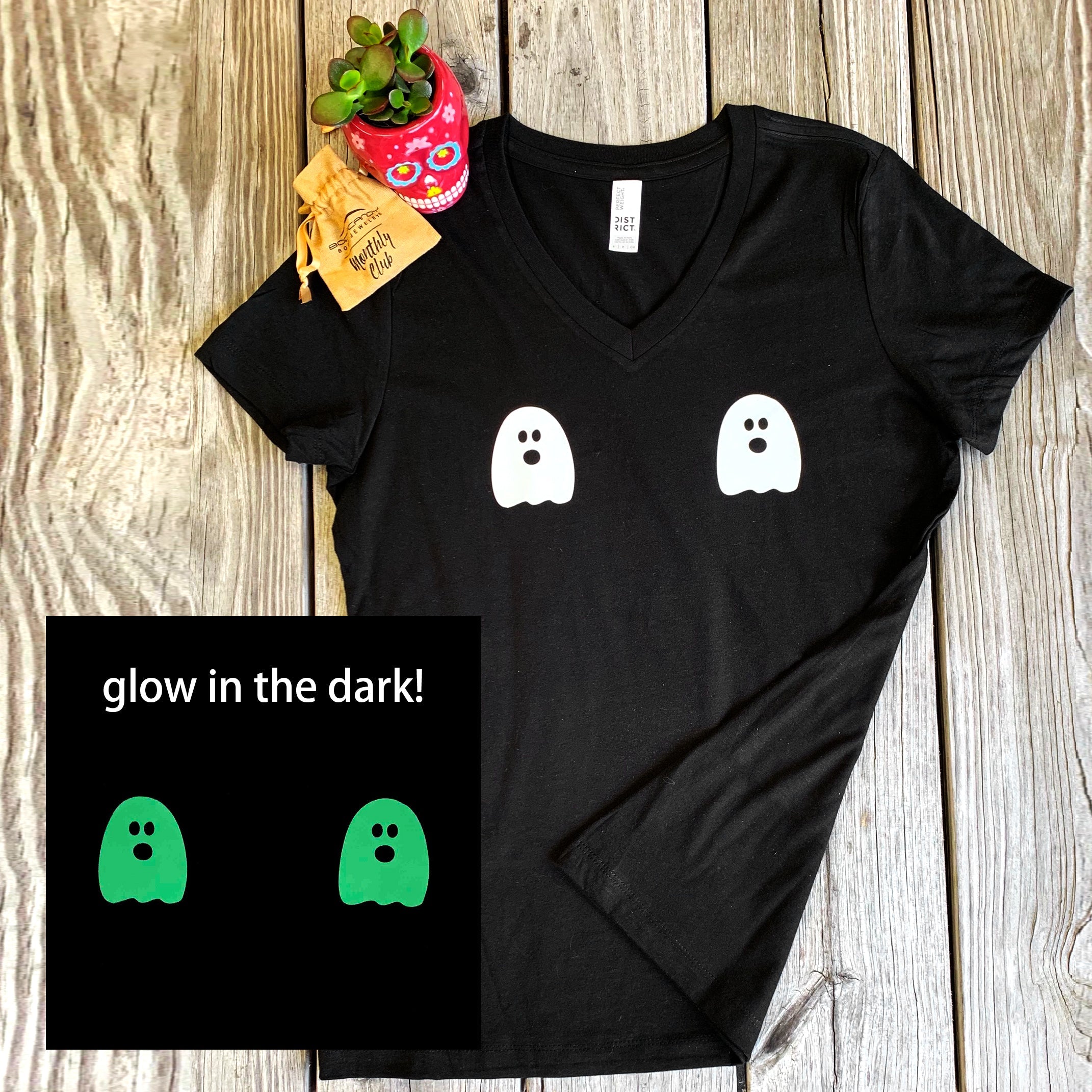 BodyCandy Halloween Glow in the Dark Ghost Boobies Tee V-Neck Tee Shirt 100% Cotton — detail close-up