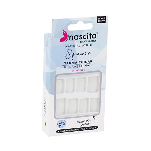 Nascita Natural White Square Artificial Nails - 36 Ready-to-Wear Fake Nails for Quick Home Manicure & Salon Quality Look