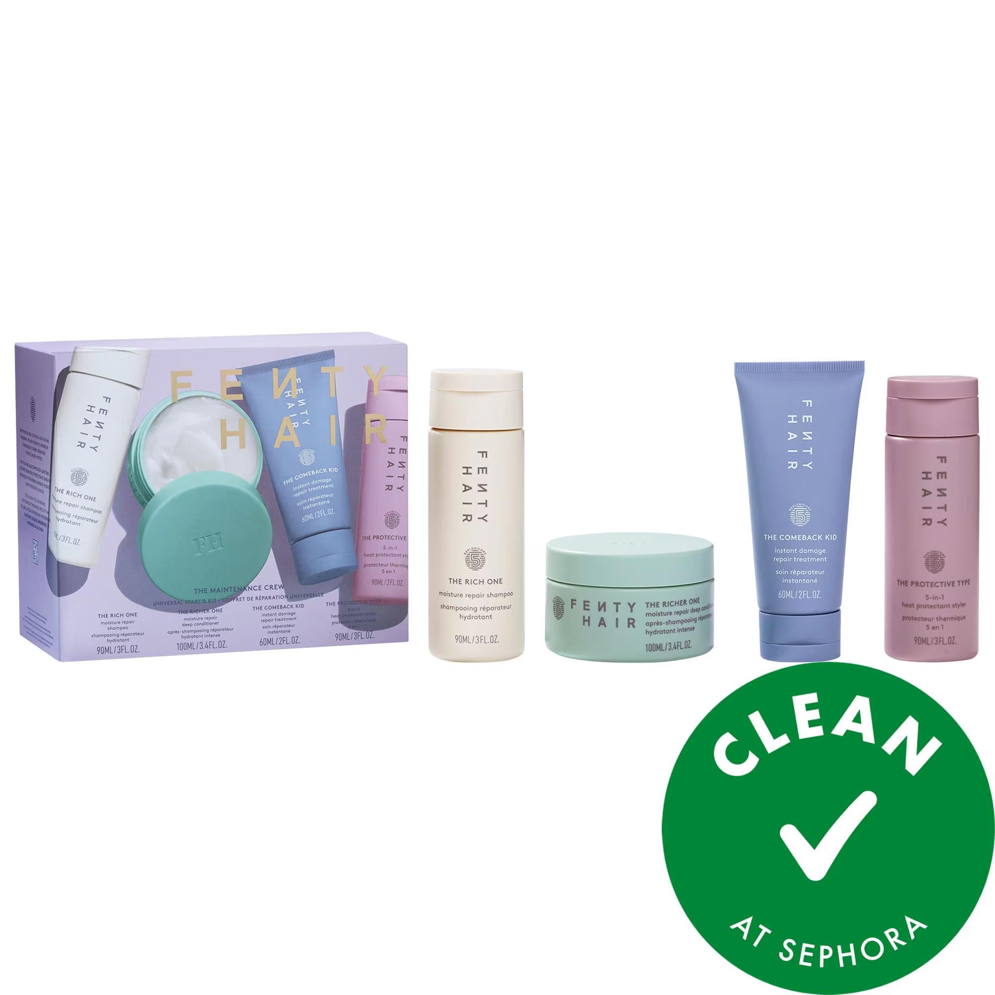 Fenty Beauty by Rihanna The Mini Maintenance Crew Universal Hair Start'R Kit - Vegan Hair Care Kit with Replenicore-5 for Repair, Hydration, and Heat Protection