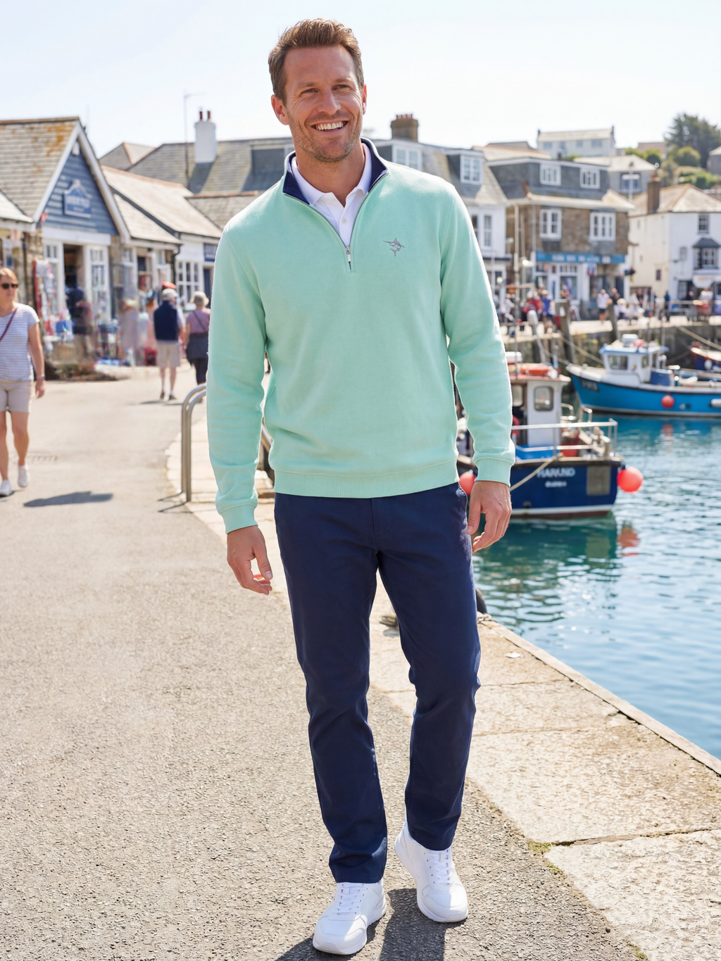 White Water Life Turnberry Quarter Zip Smooth Knit — White Water Life branding close-up